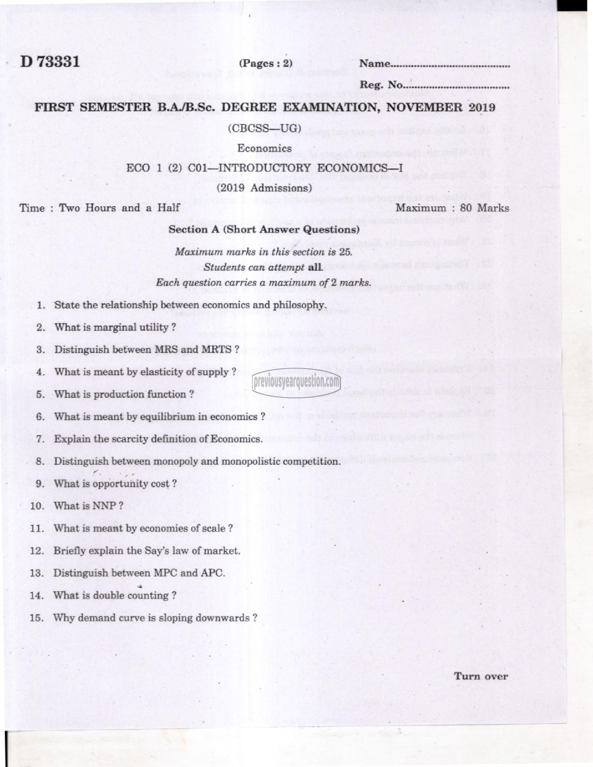 Question Paper - Introductory Economics I-1