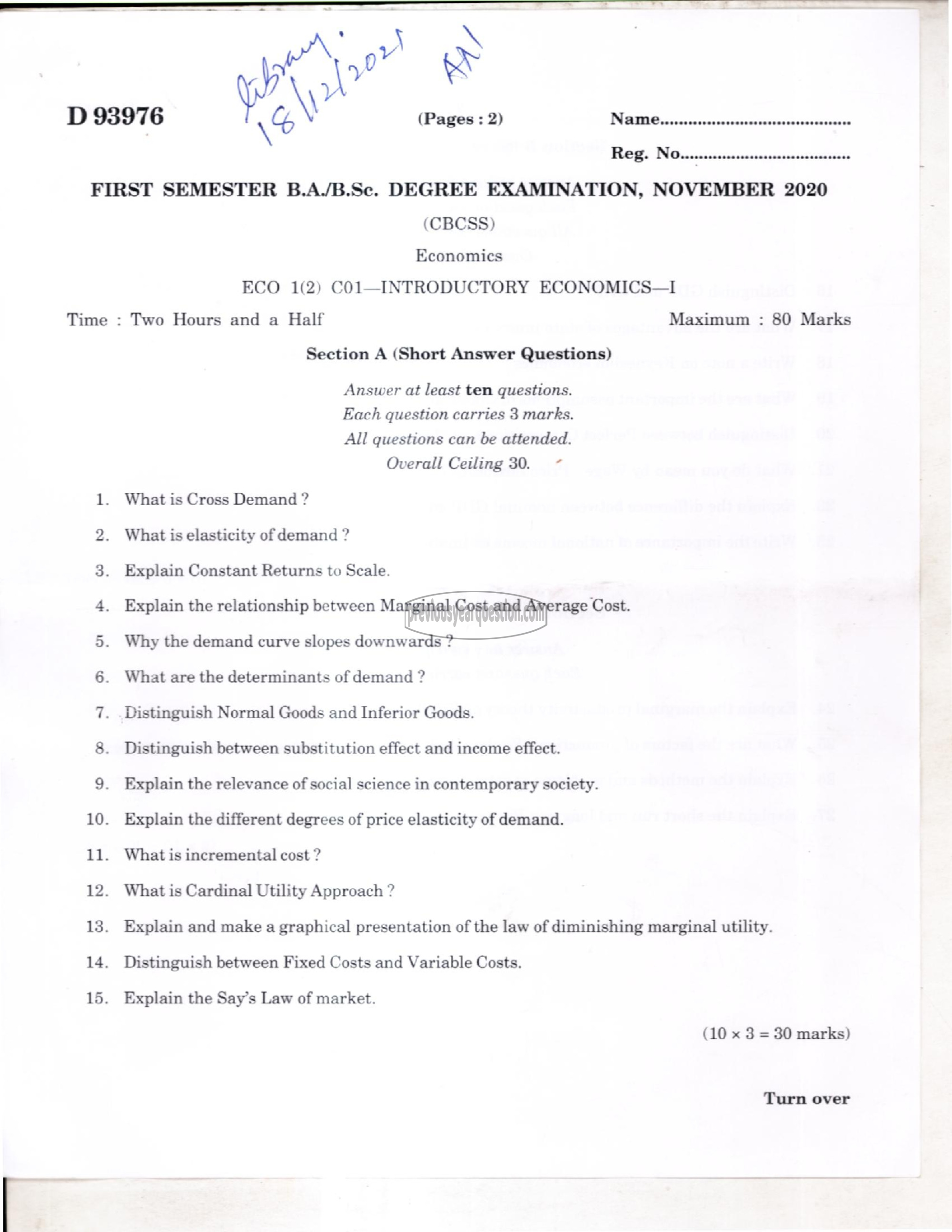 Question Paper - Introductory Economics I-1