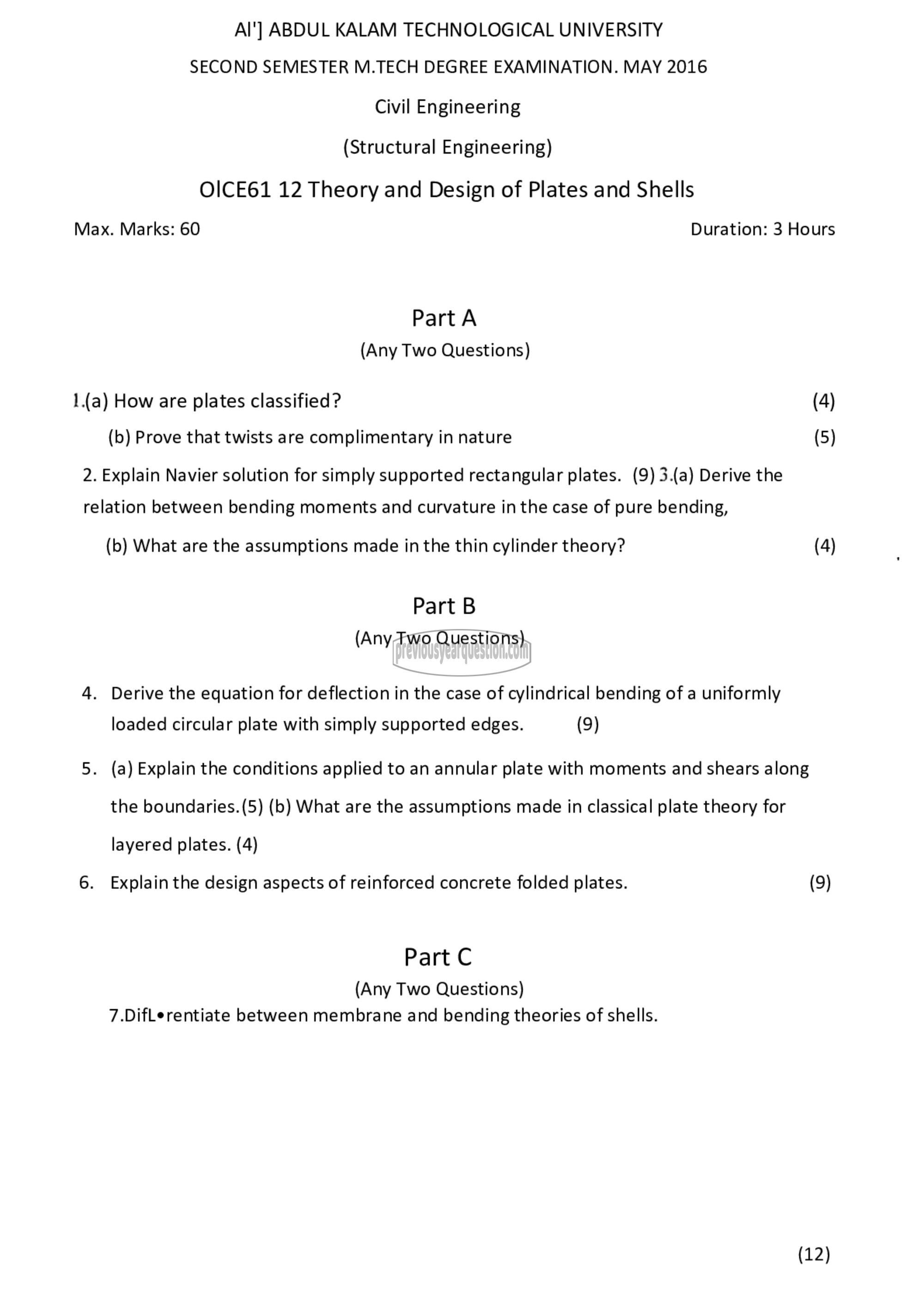 Question Paper - Theory and Design of Plates and Shells-1