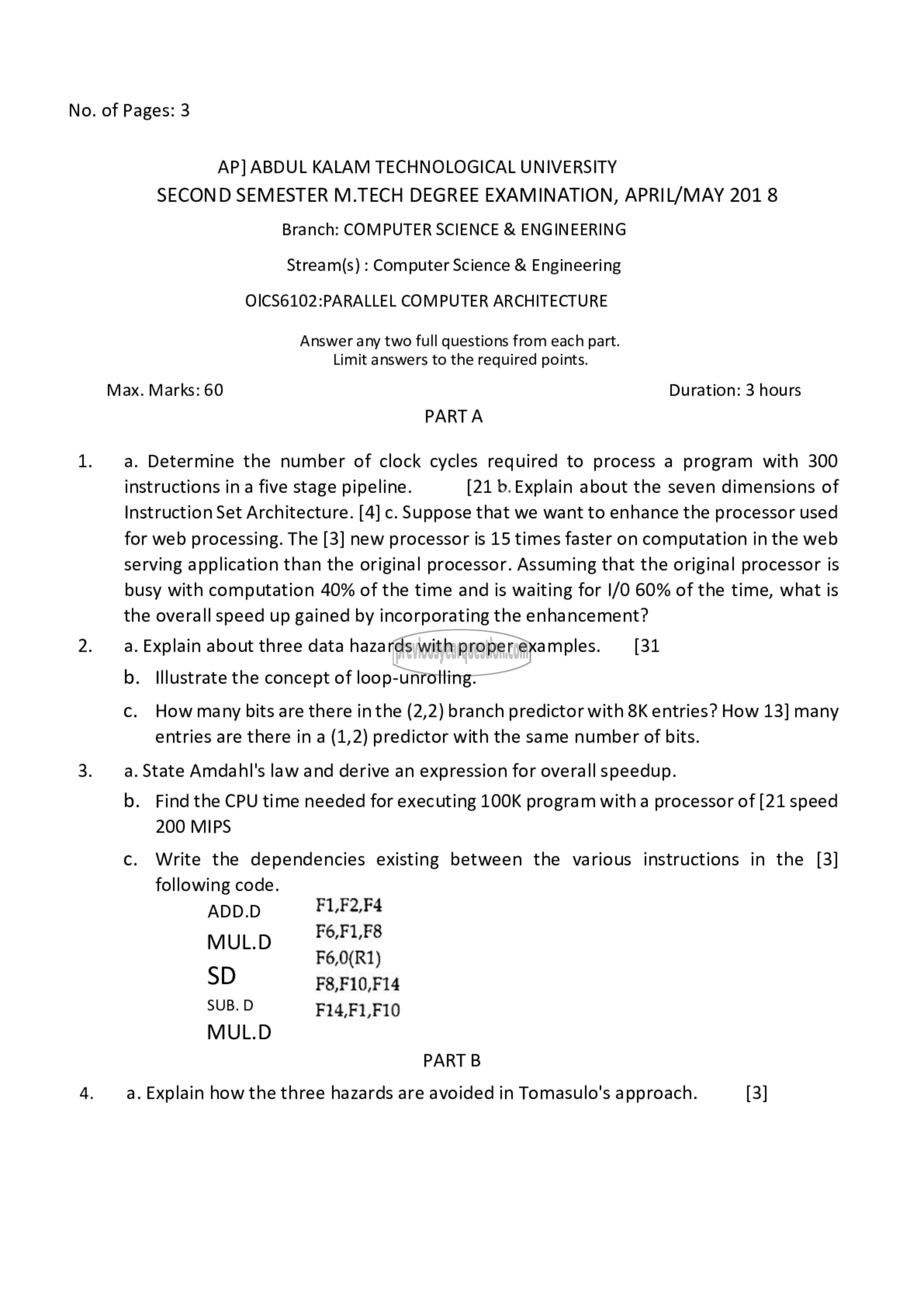 Question Paper - Parallel Computer Architecture-1