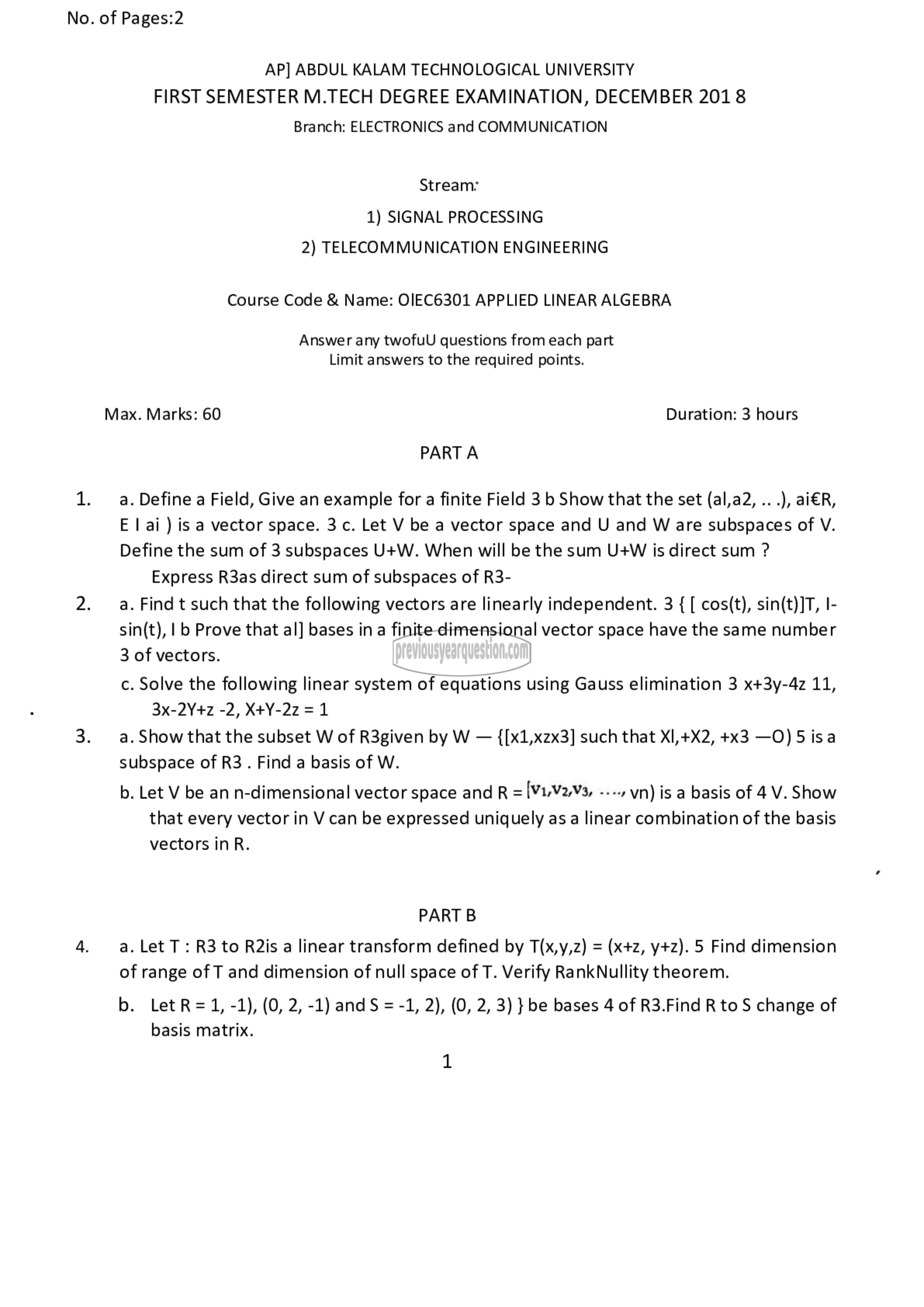 Question Paper - Applied Linear Algebra-1