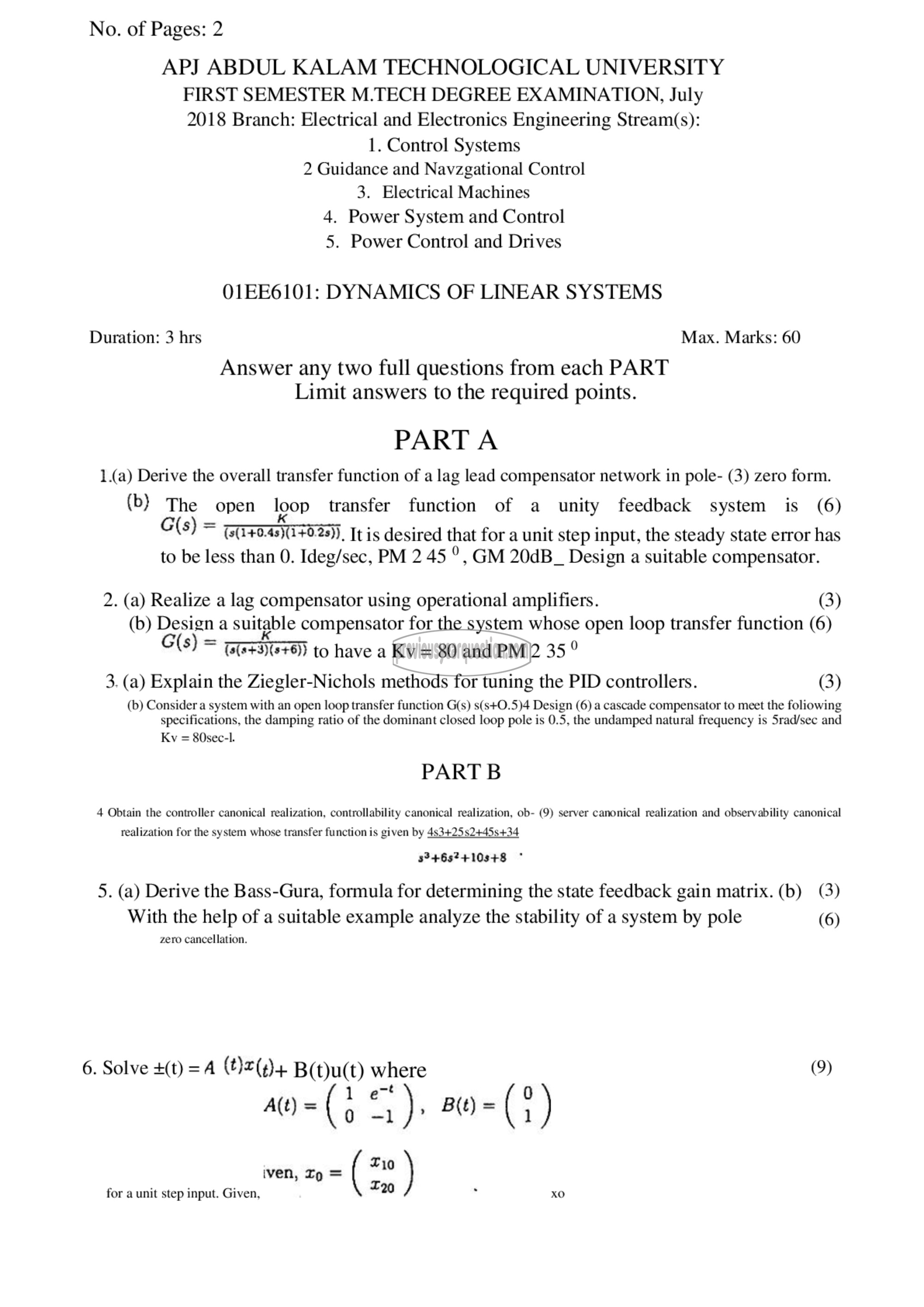 Question Paper - Dynamics of Linear Systems-1