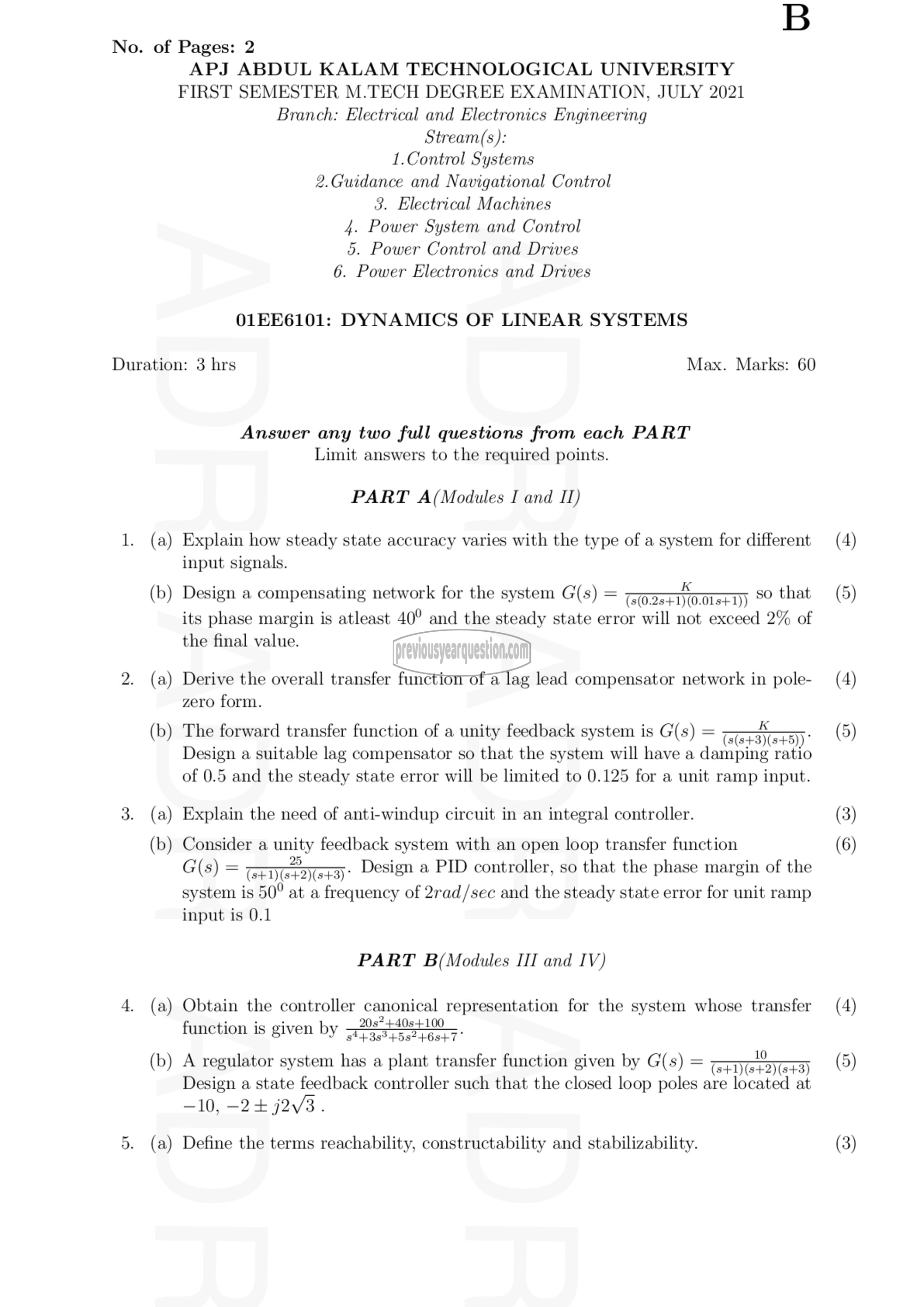 Question Paper - Dynamics of Linear Systems-1