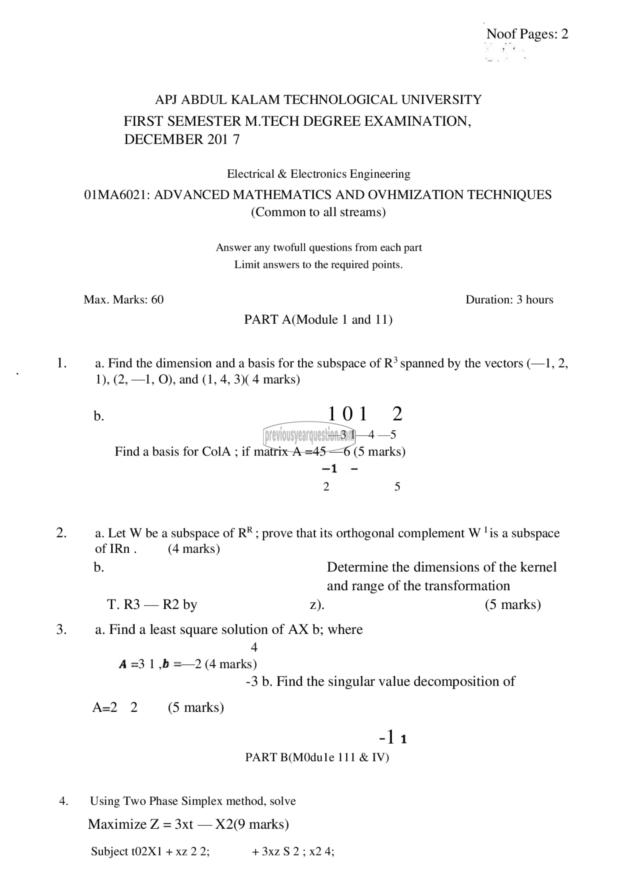 Question Paper - Advanced Mathematics & Optimization Techniques-1