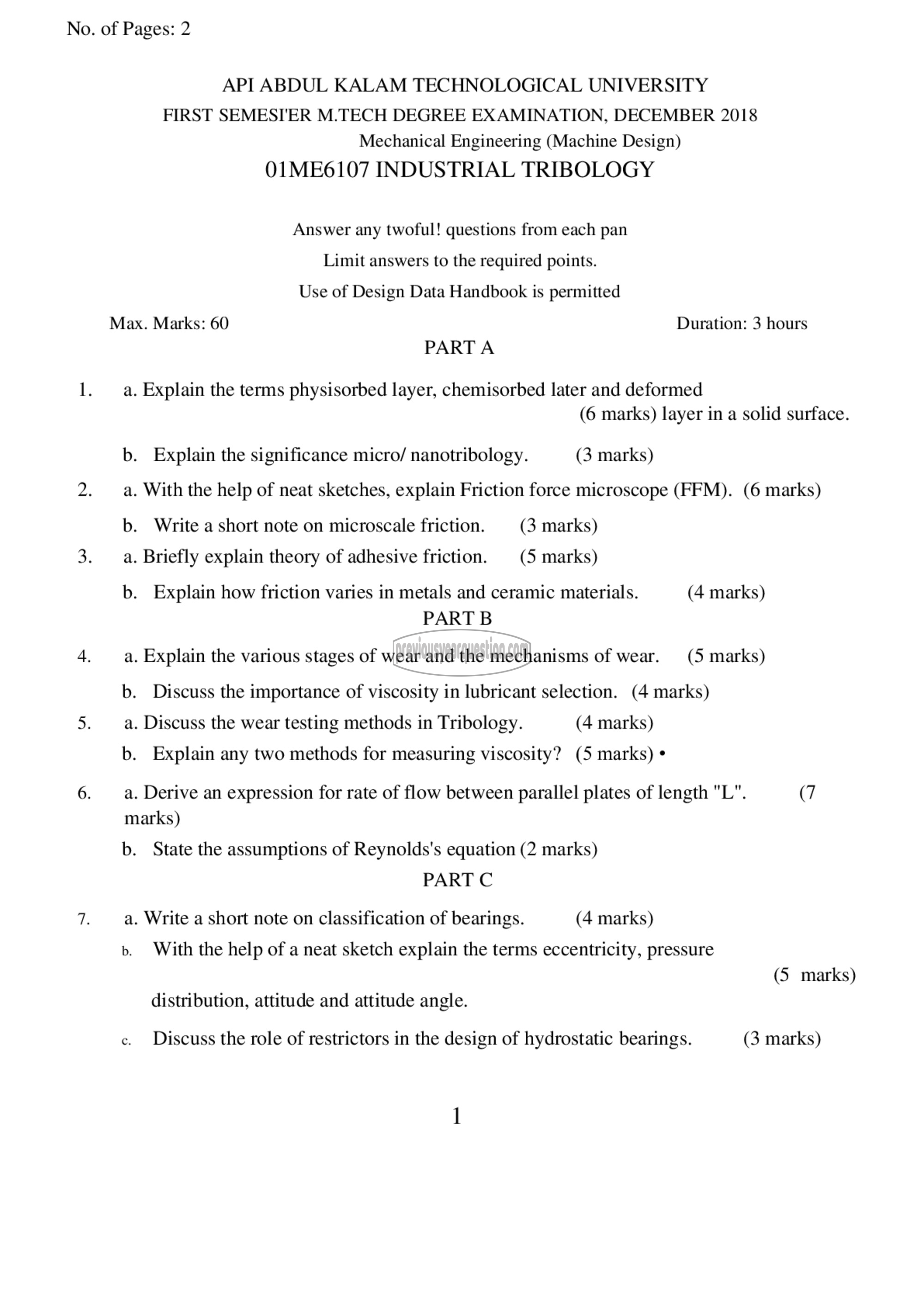 Question Paper - Industrial Tribology-1