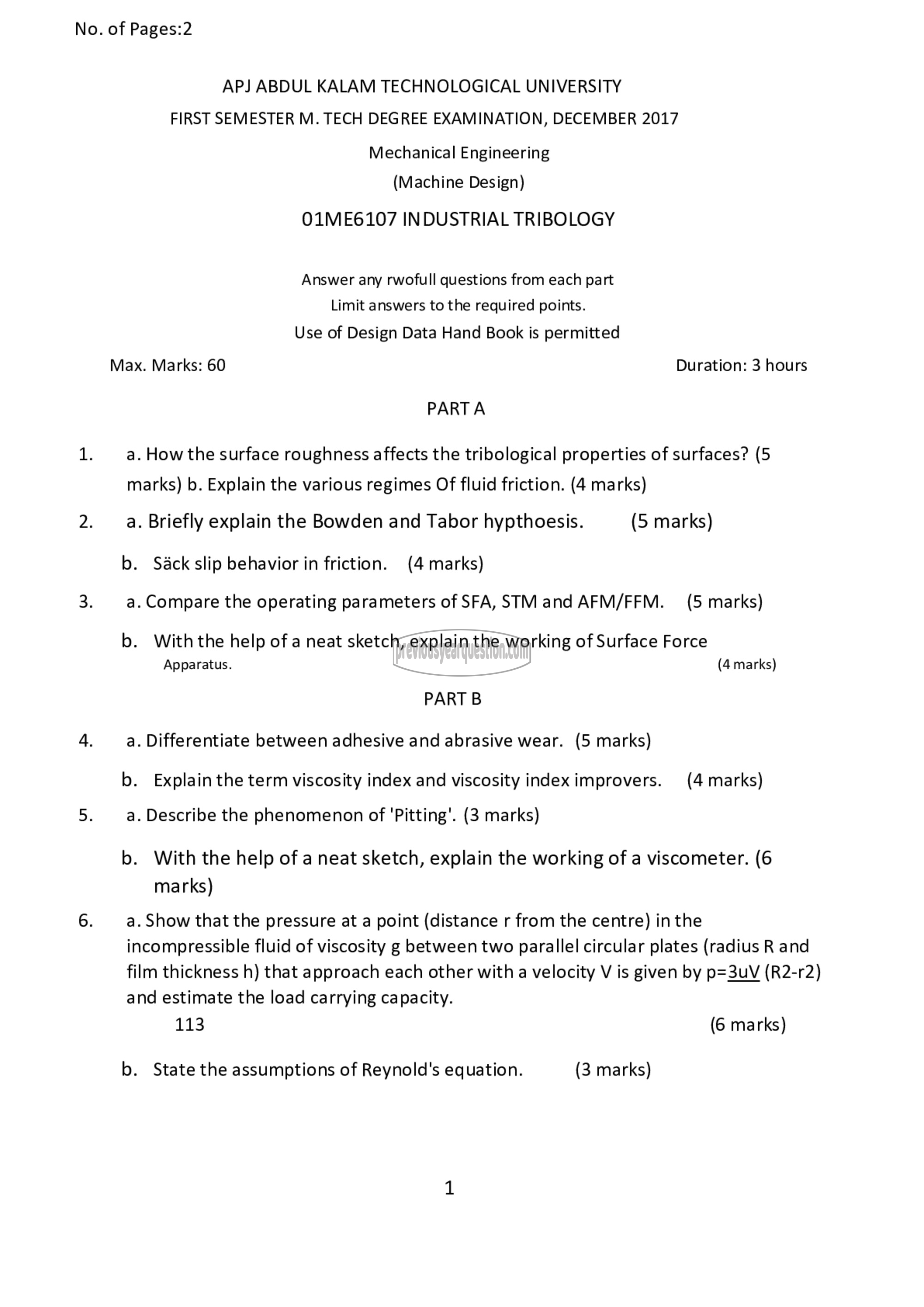 Question Paper - Industrial Tribology-1