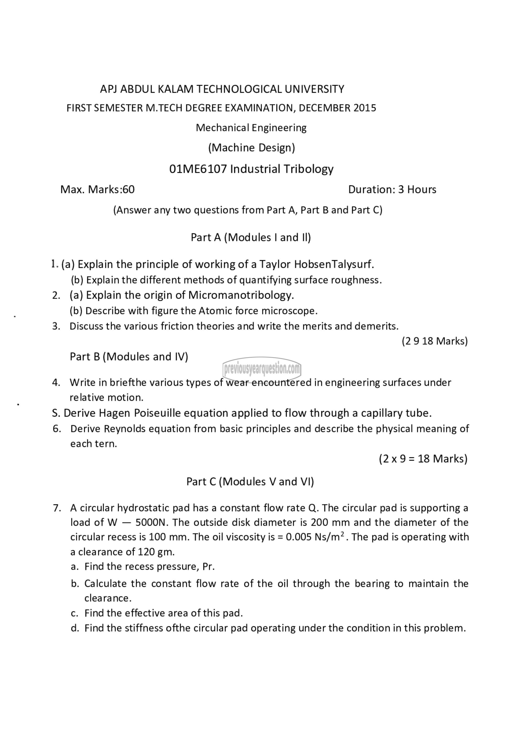 Question Paper - Industrial Tribology-1