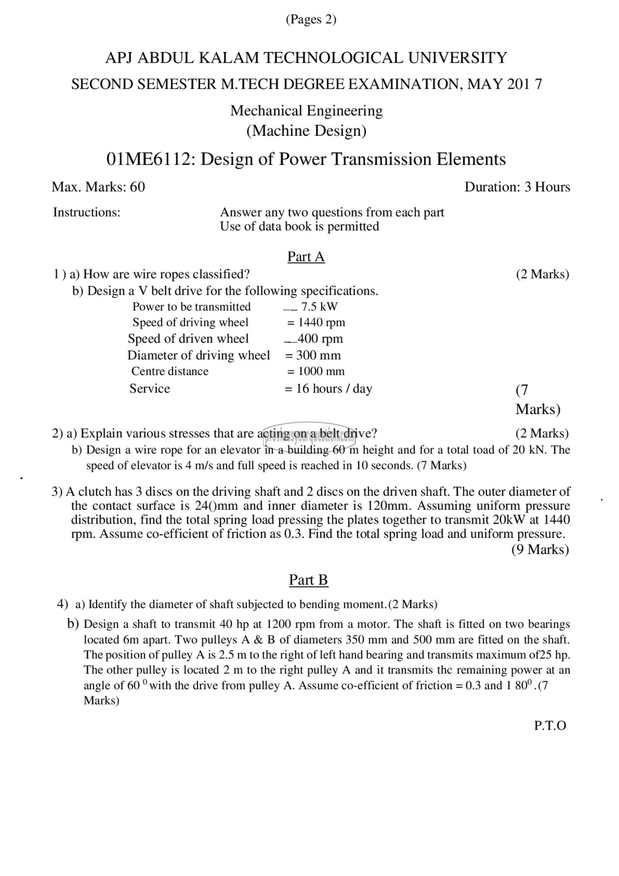 Question Paper - Design of Power Transmission Elements-1