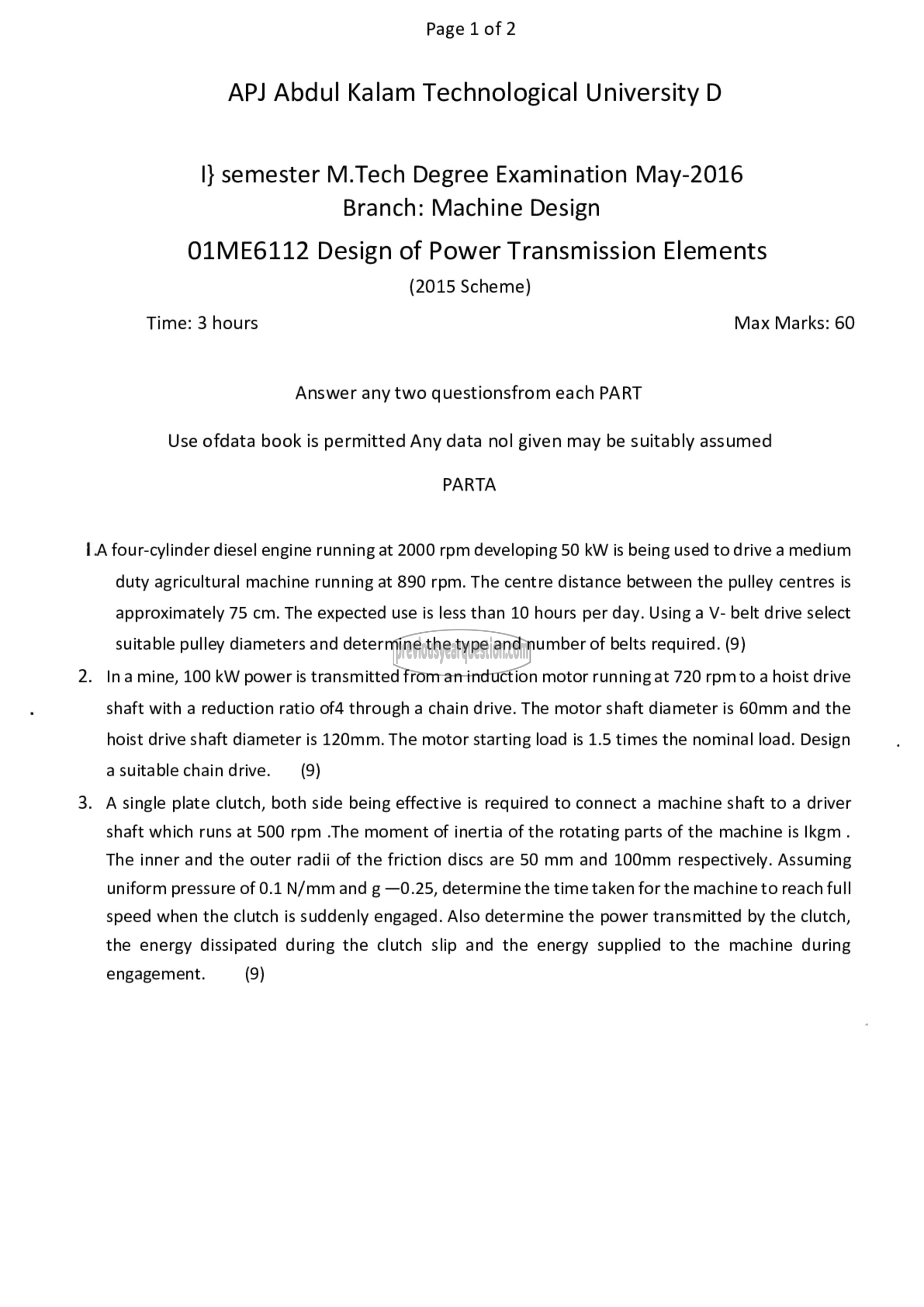 Question Paper - Design of Power Transmission Elements-1