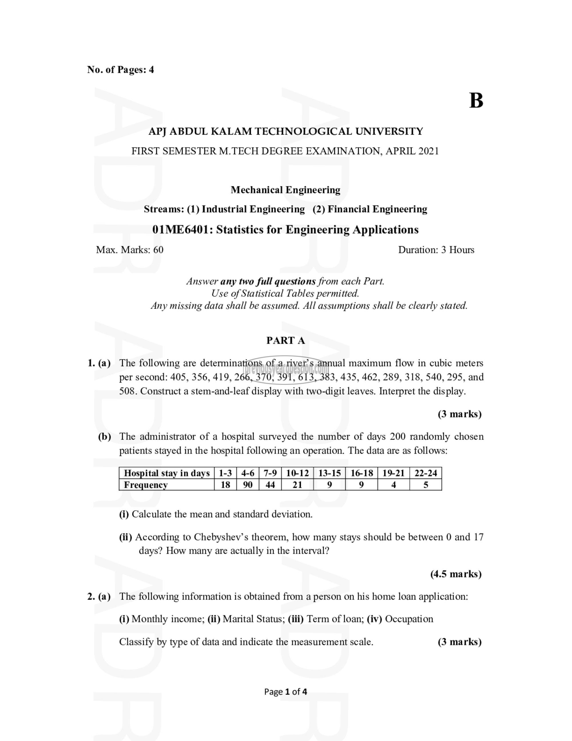 Question Paper - Statistics for Engineering Applications-1