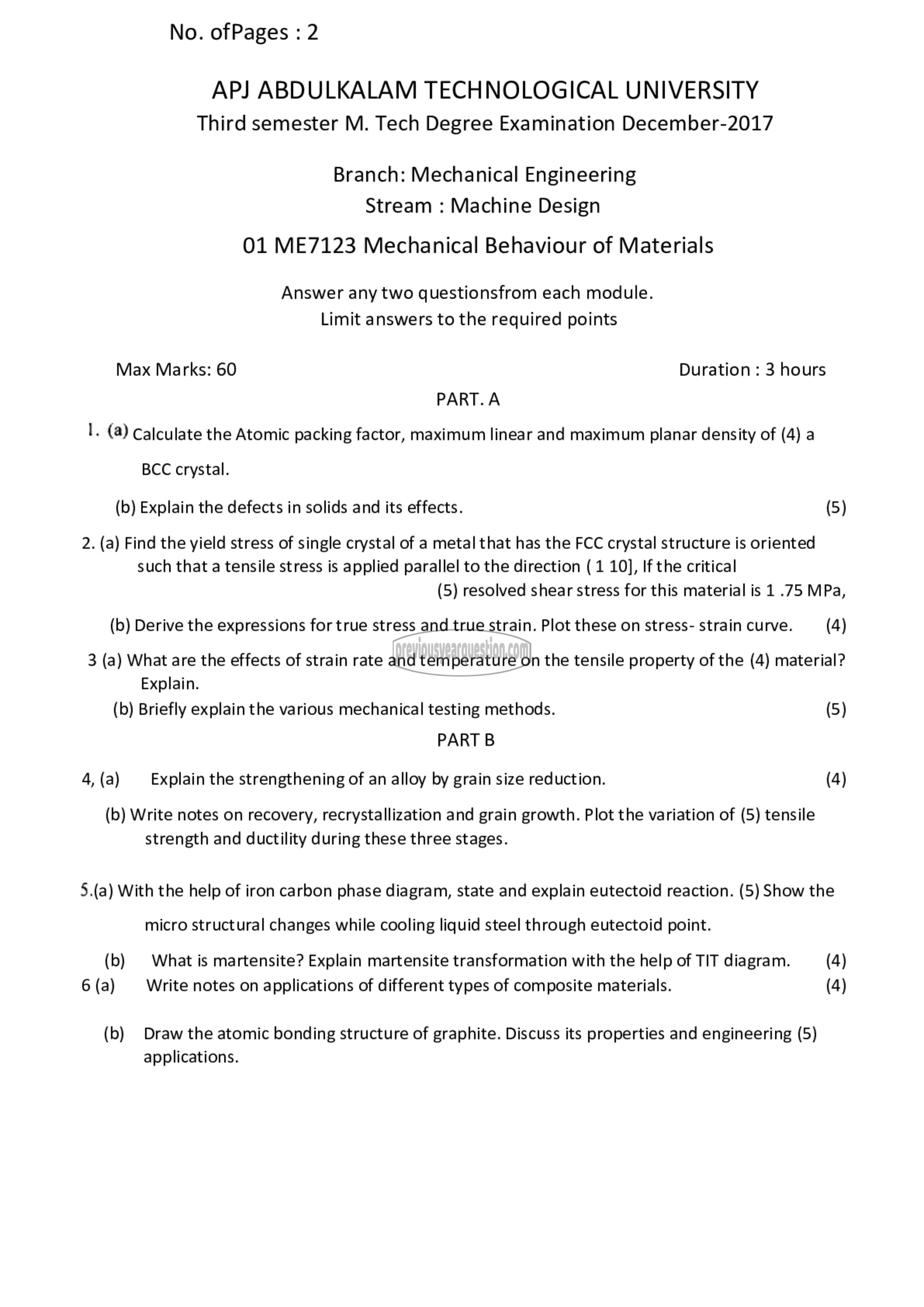 Question Paper - Mechanical Behaviour of Materials-1