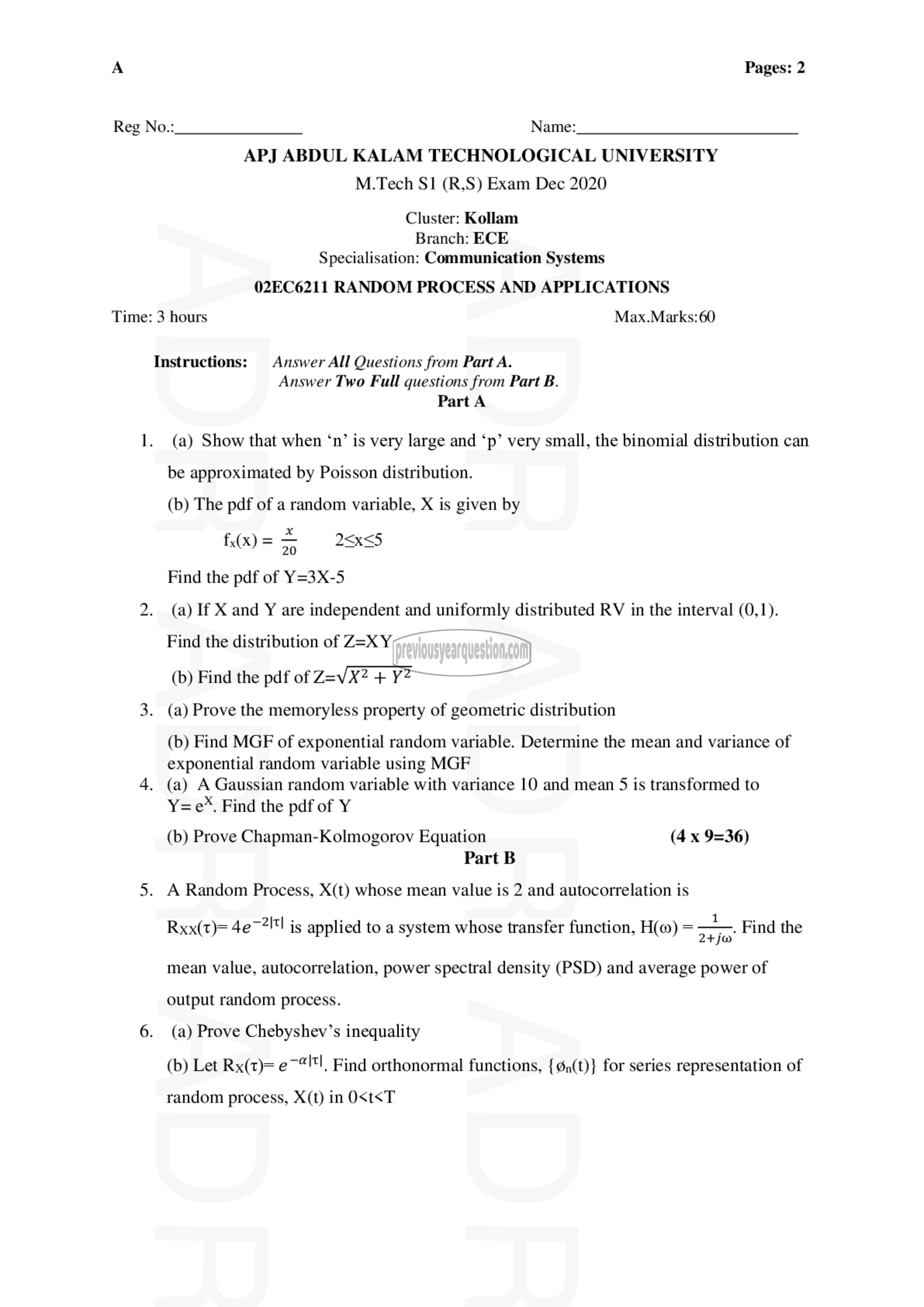 Question Paper - Random Processes and Applications-1