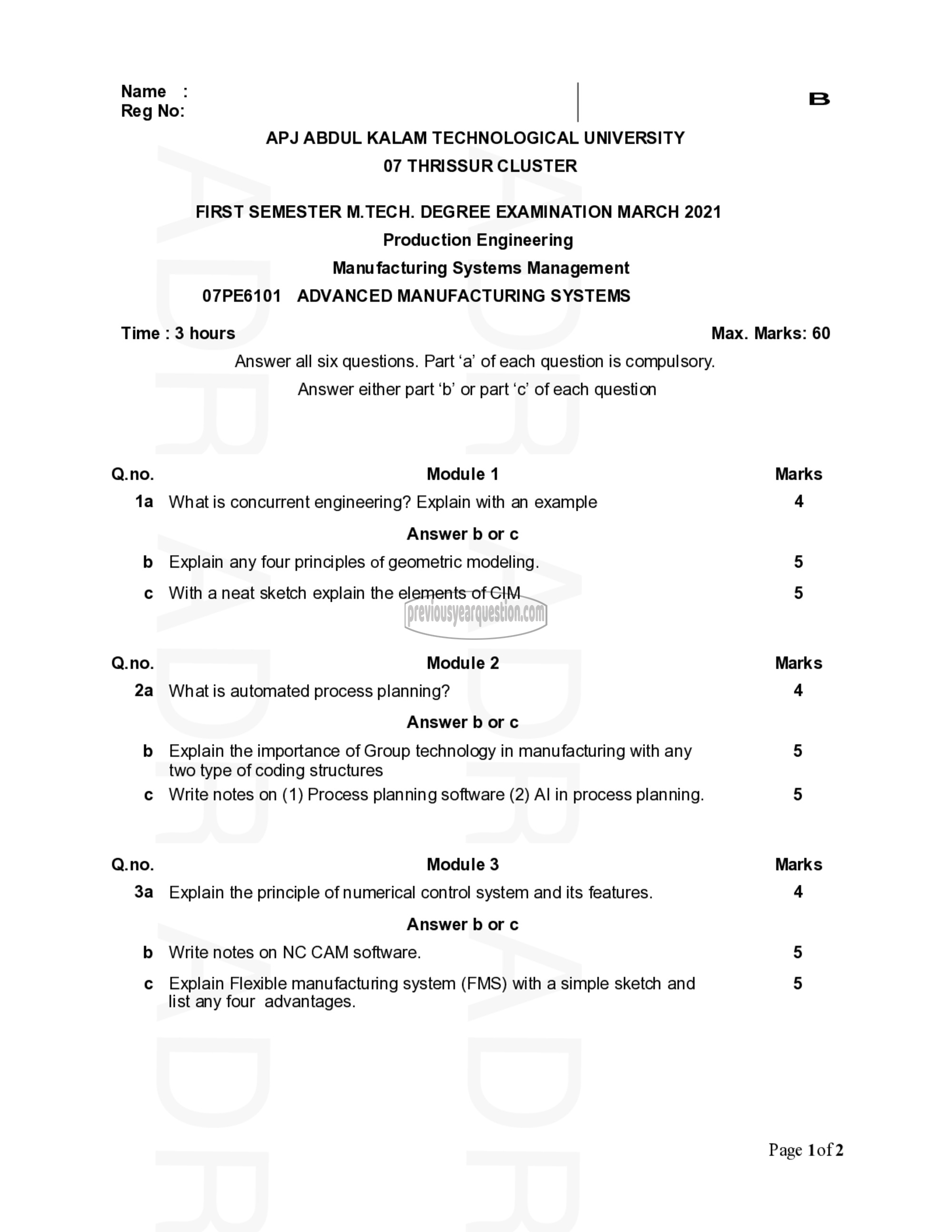 Question Paper - Advanced Manufacturing Systems-1