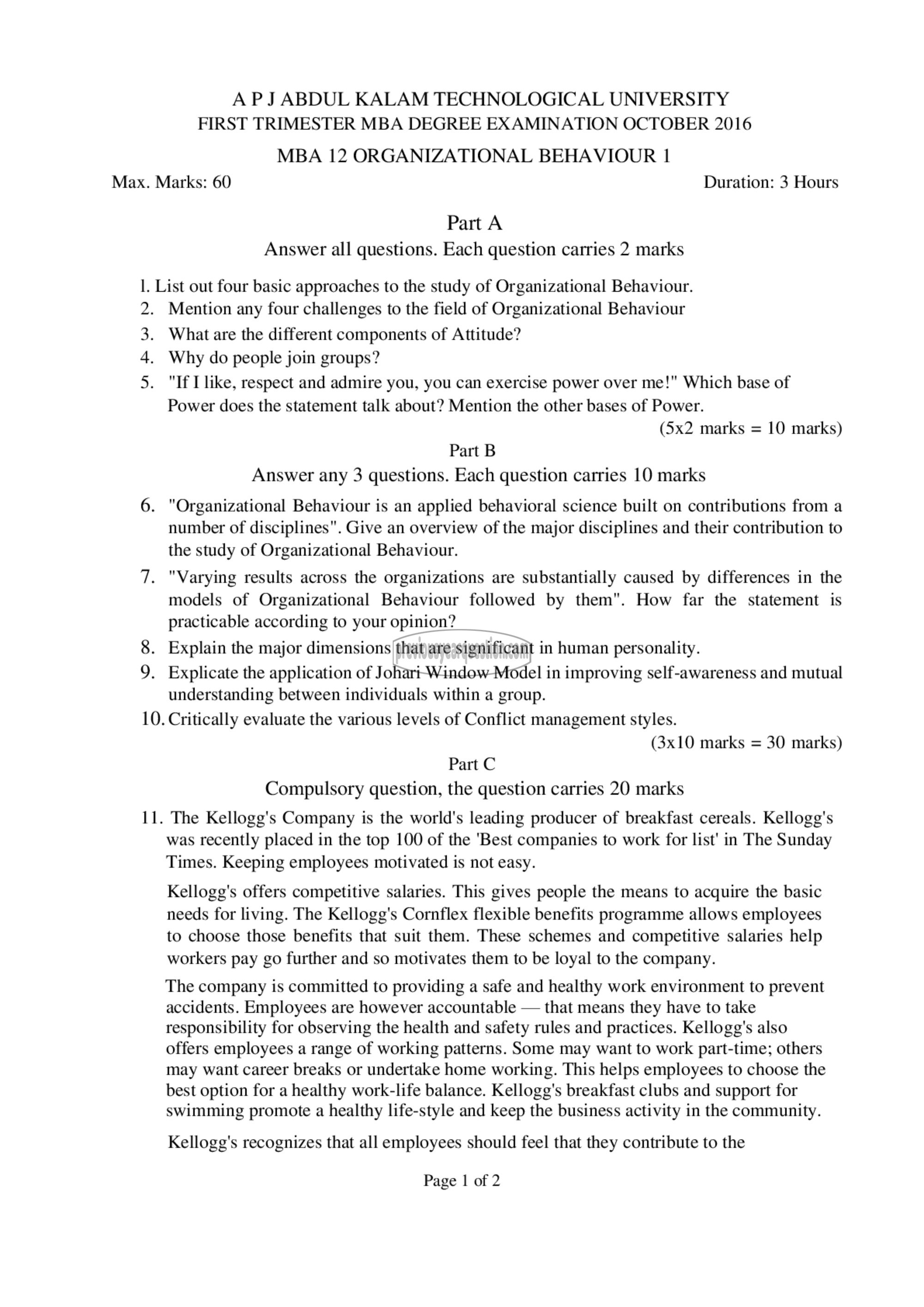 Question Paper - Organizational Behaviour I-1