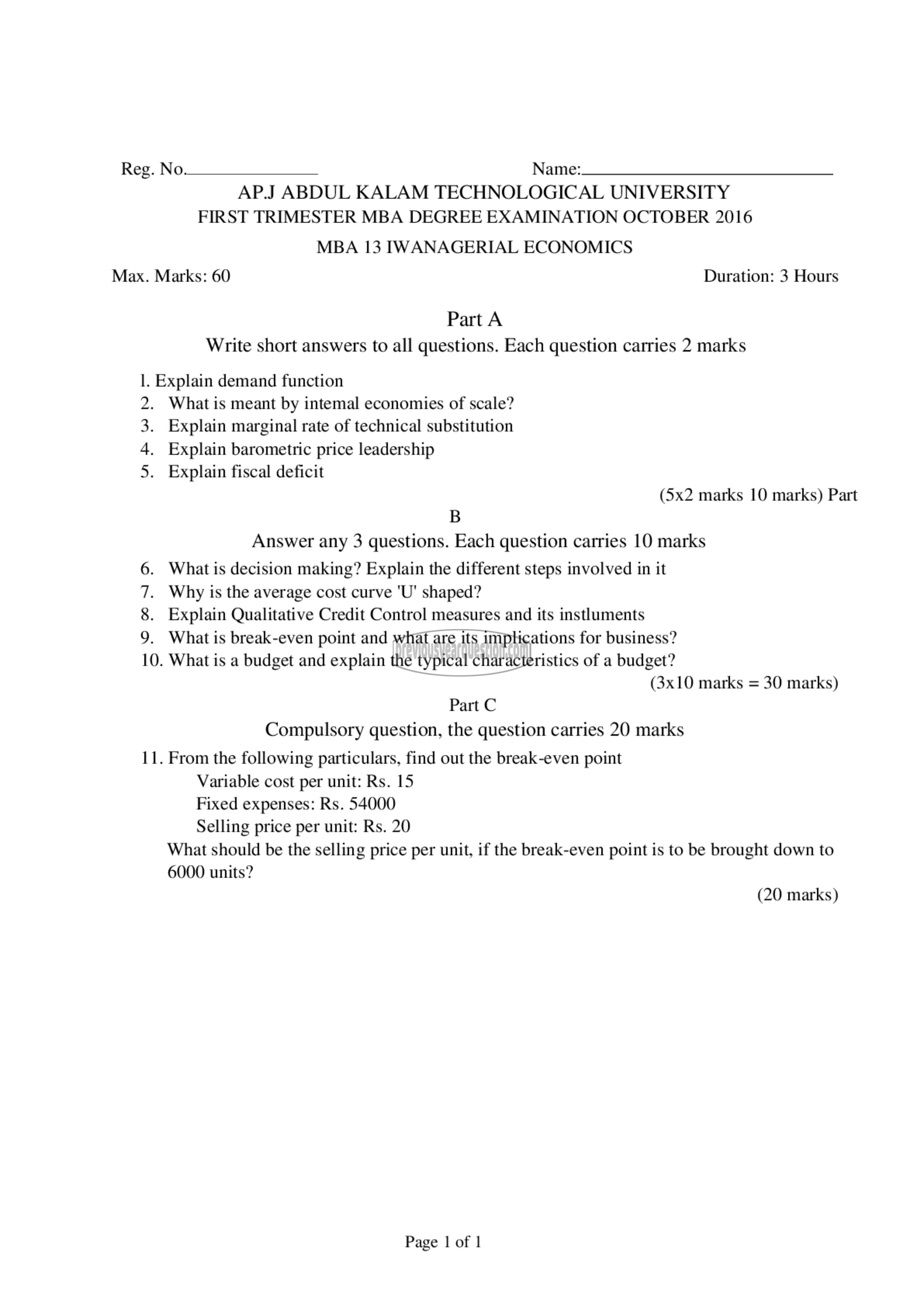 Question Paper - Managerial Economics-1