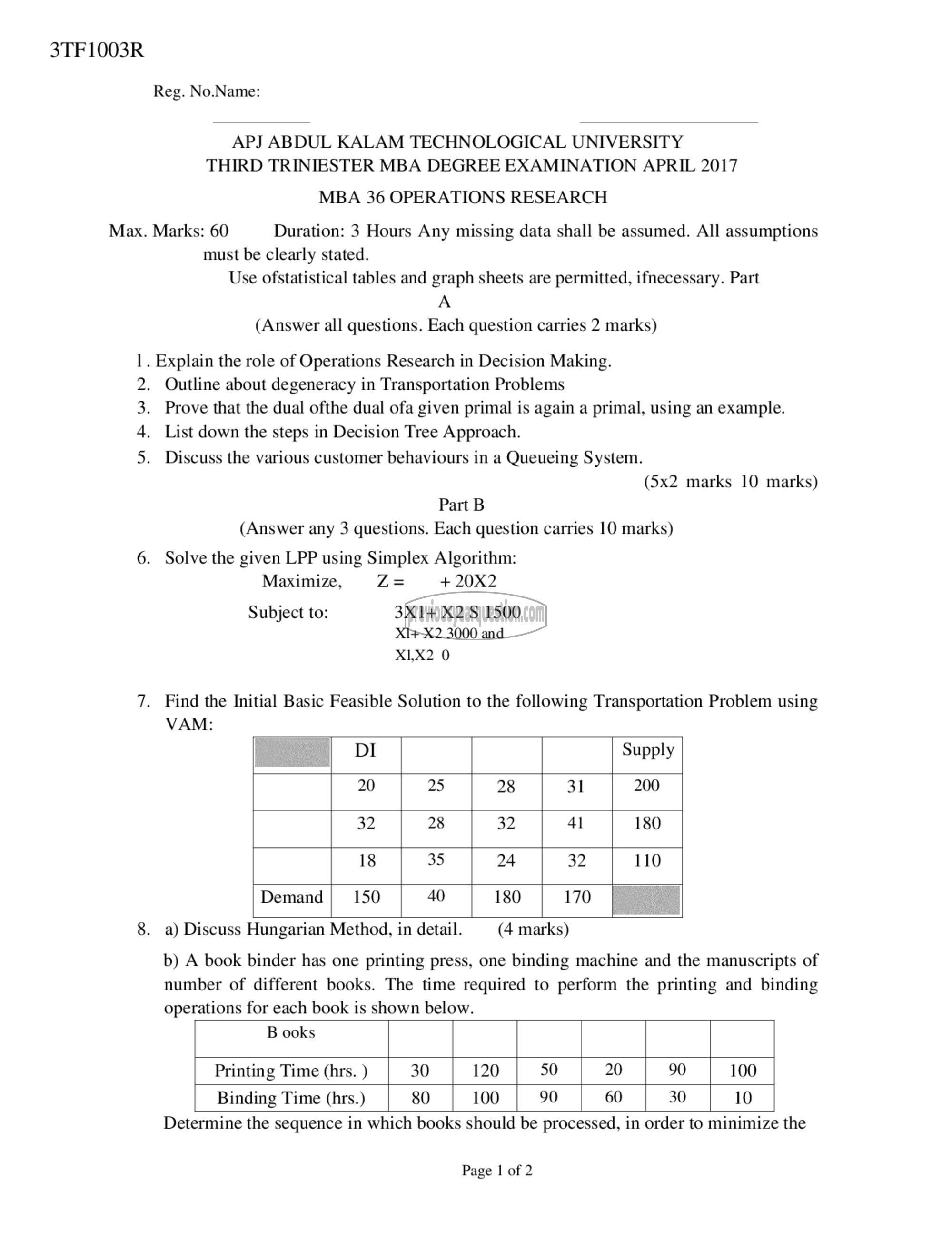 Question Paper - Operations Research-1