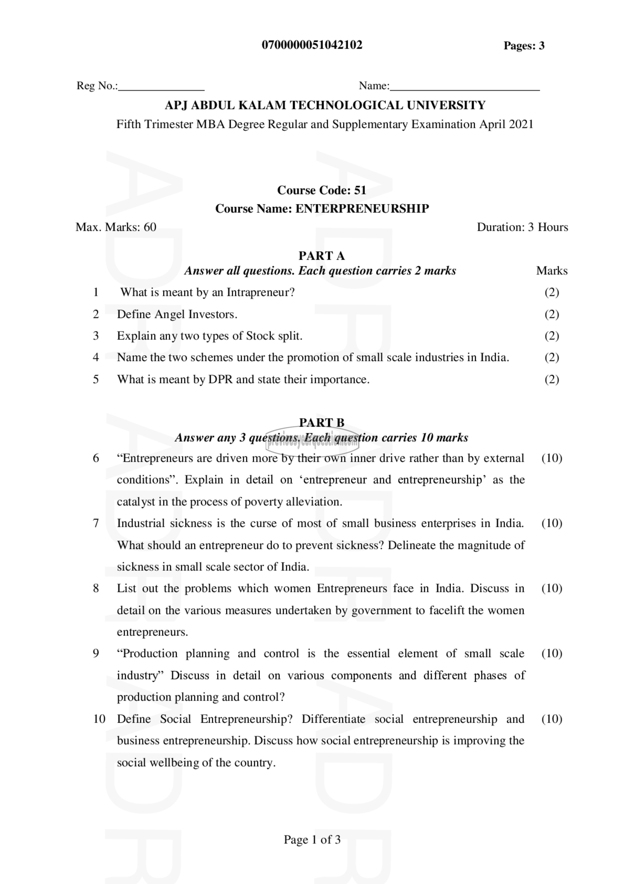 Question Paper - Entrepreneurship-1