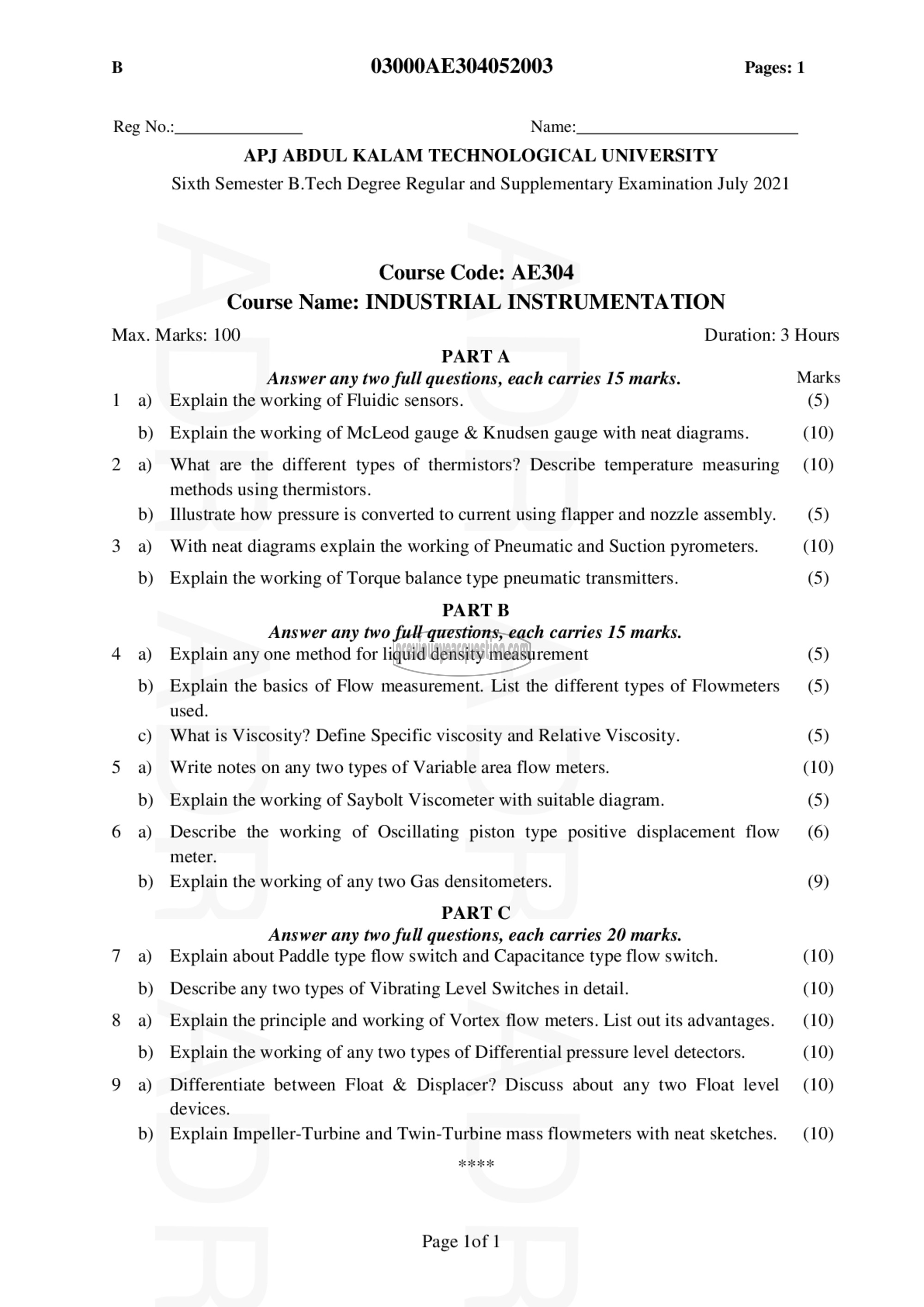 Question Paper - Industrial Instrumentation-1