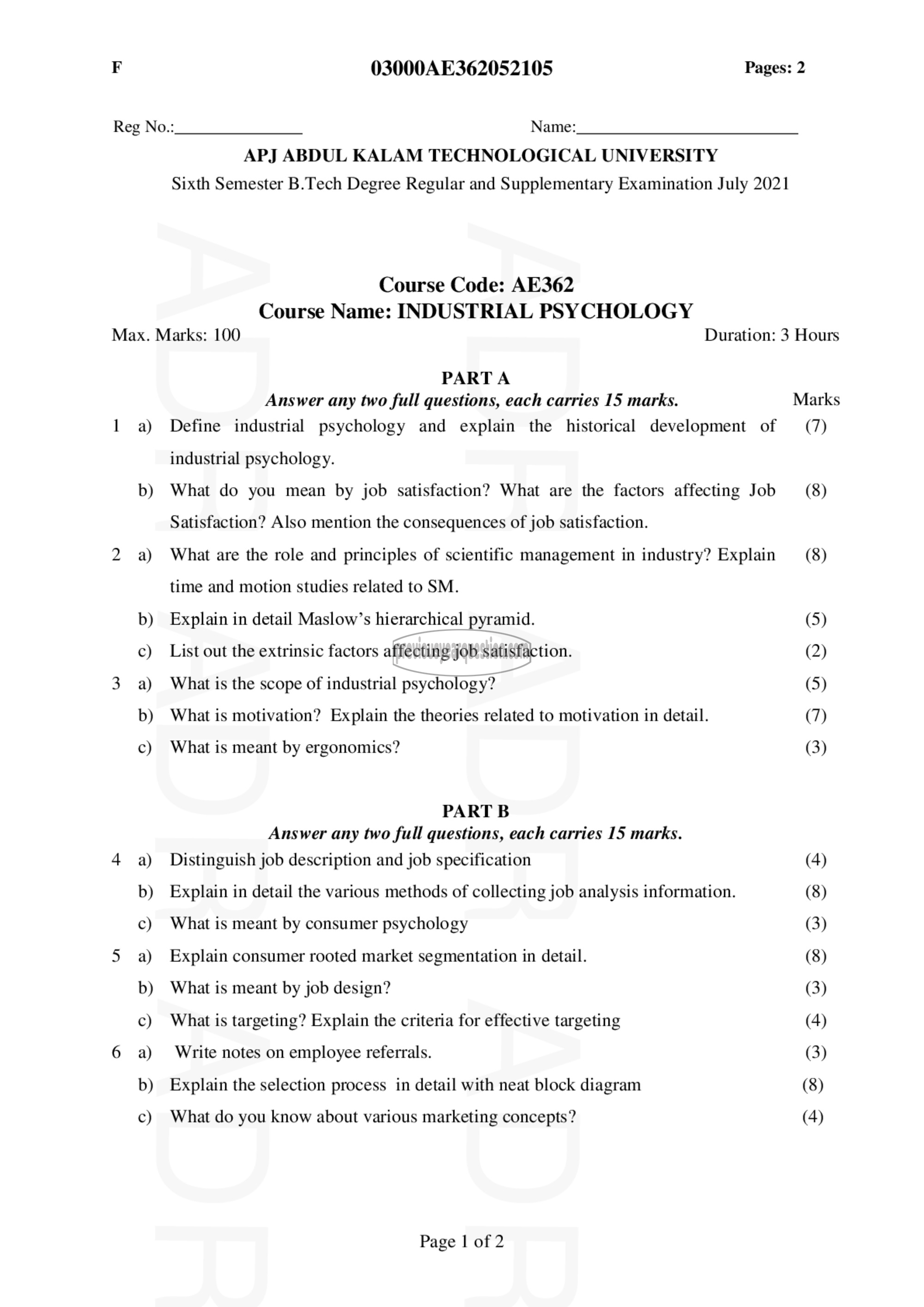 Question Paper - Industrial Psychology-1