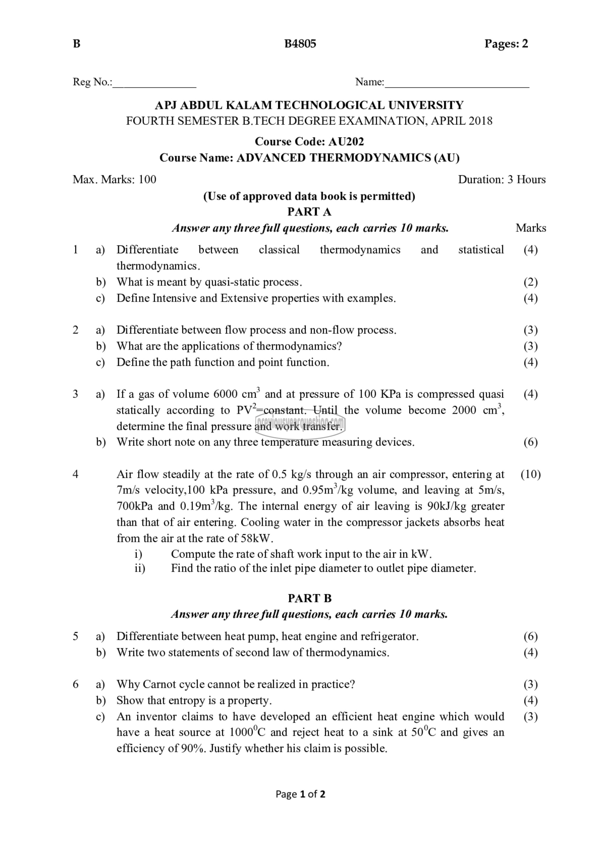 Question Paper - Advanced Thermodynamics-1