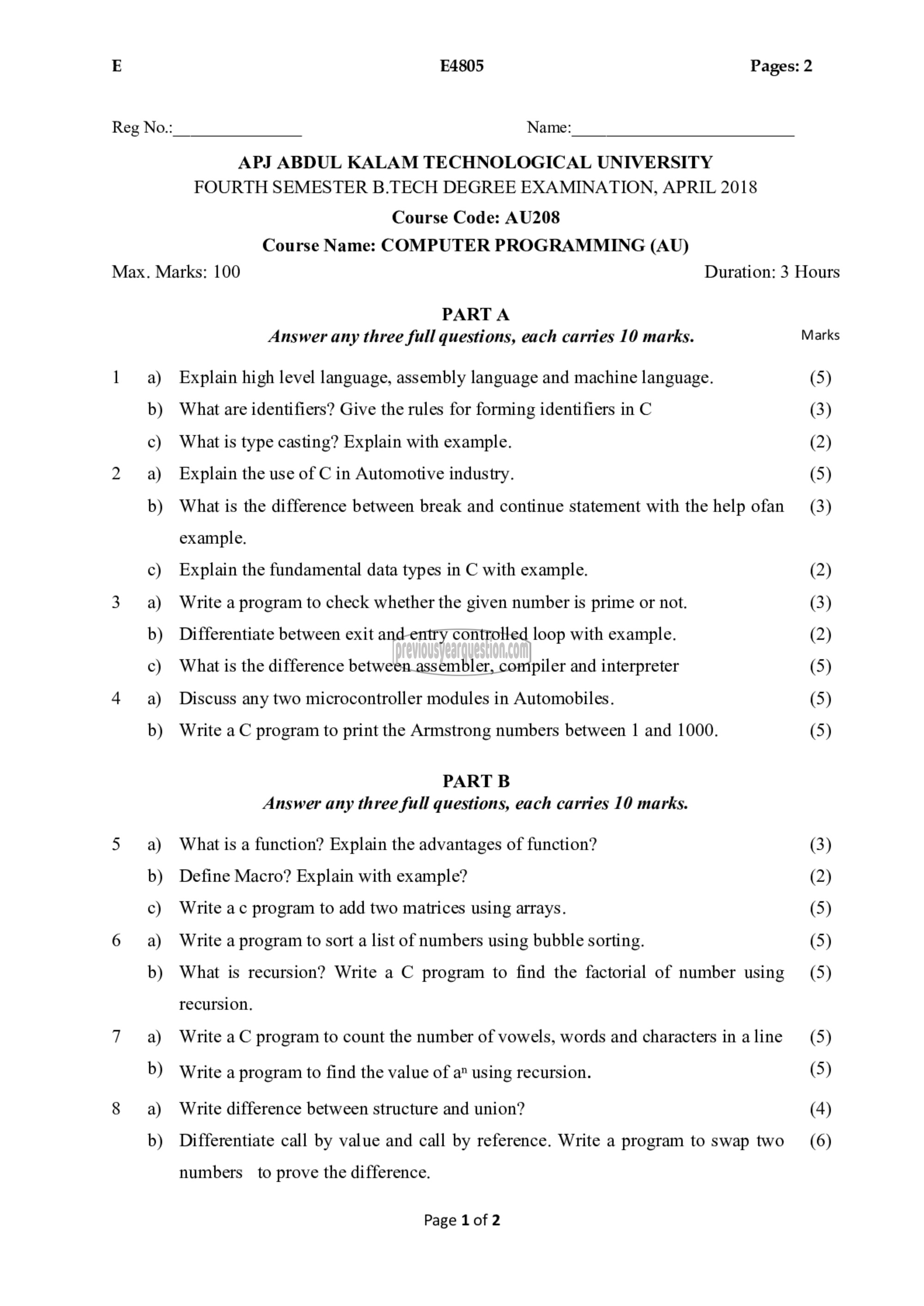 Question Paper - Computer Programming-1