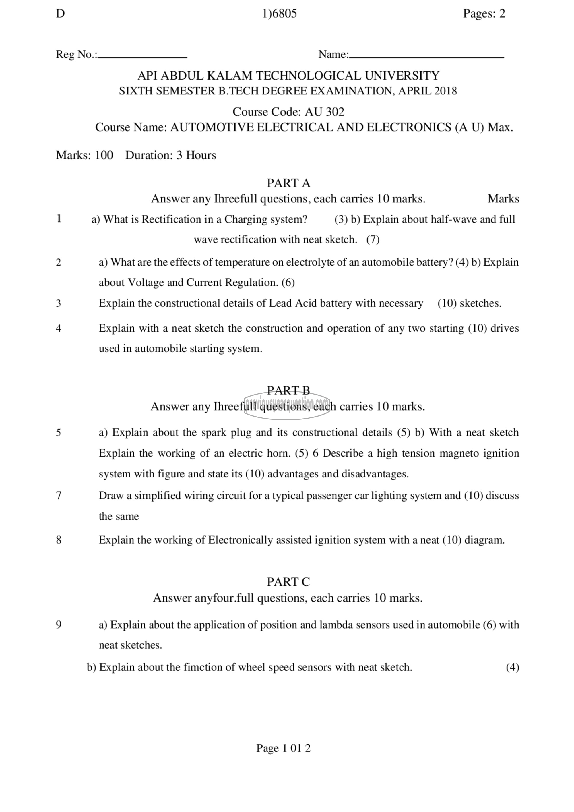 Question Paper - Automotive Electrical and Electronics-1