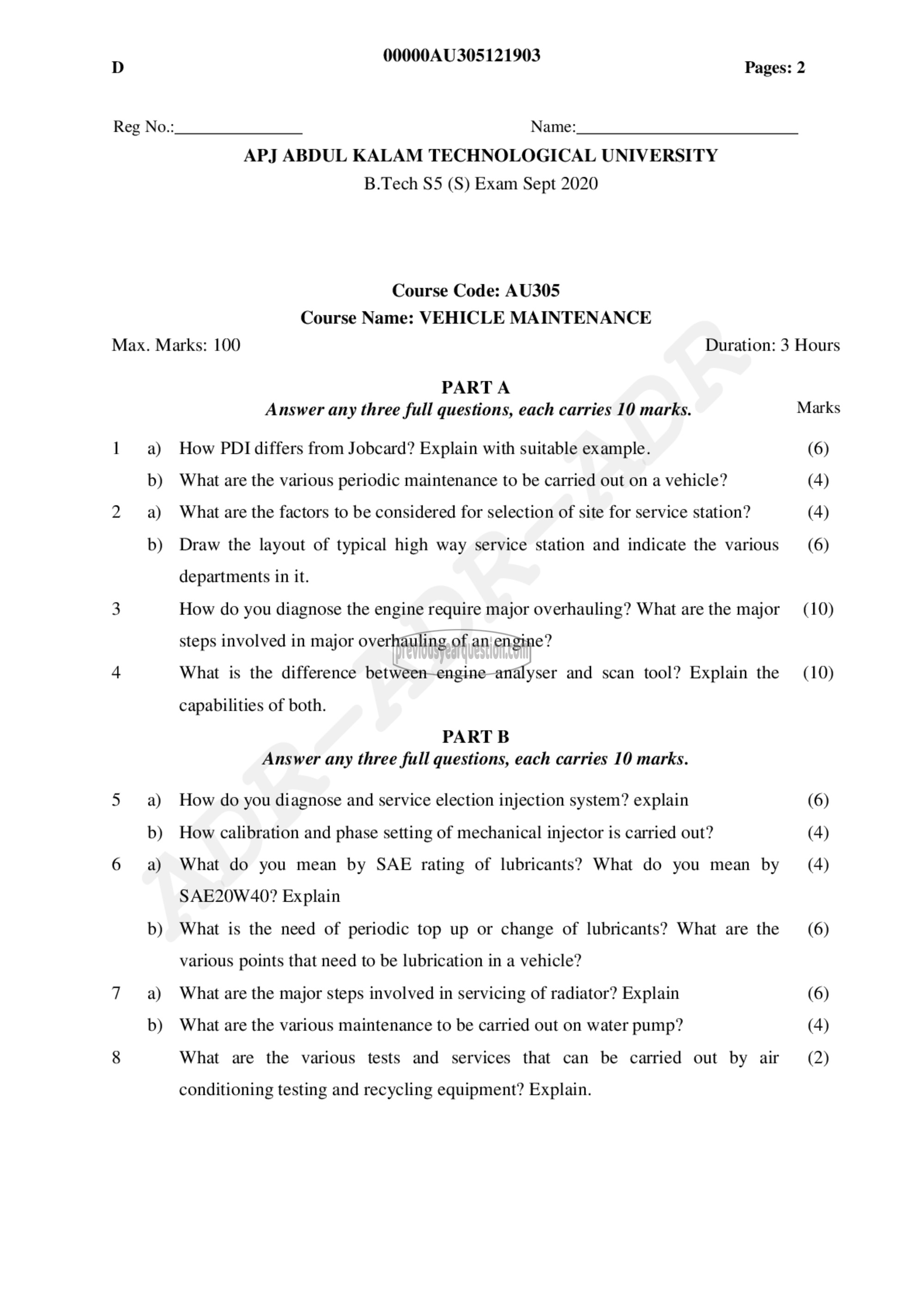 Question Paper - Vehicle Maintenance-1