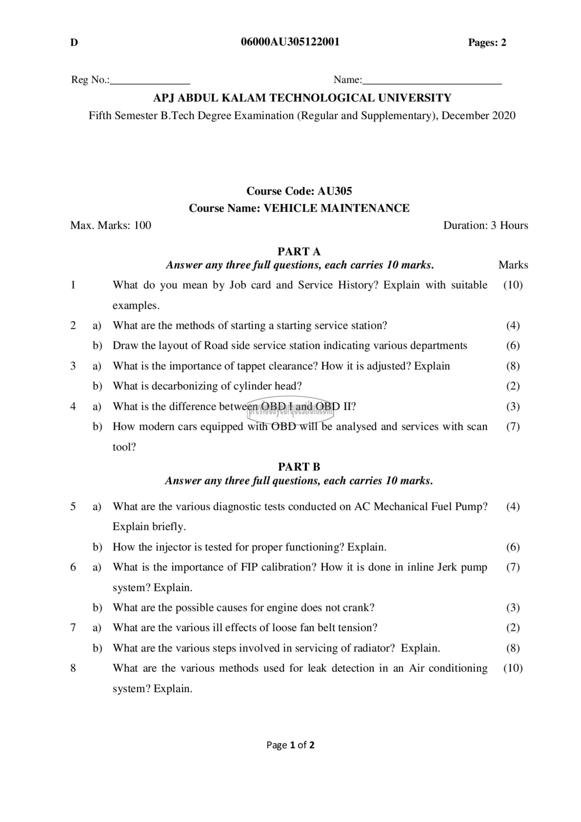 Question Paper - Vehicle Maintenance-1