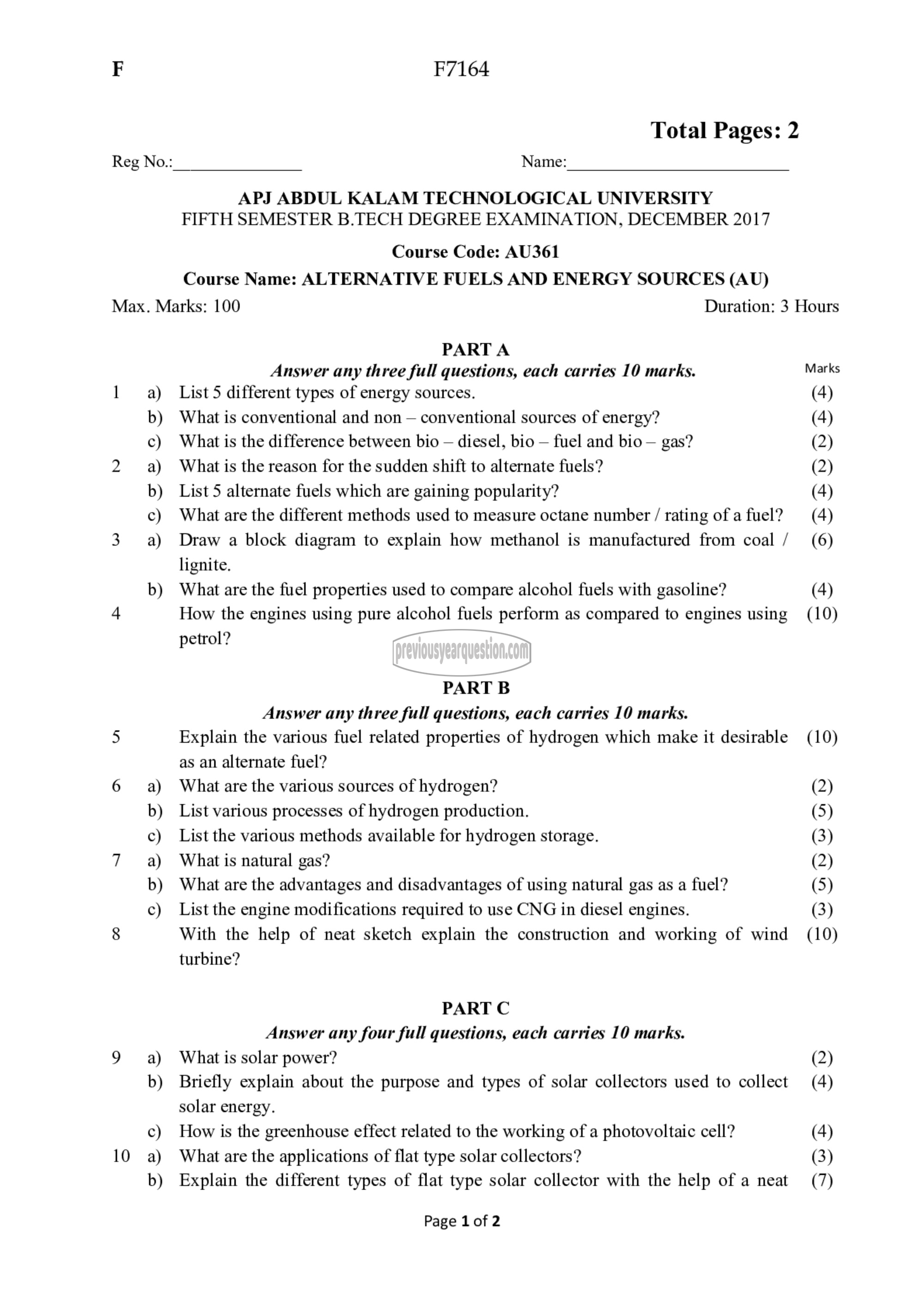 Question Paper - Alternative Fuels and Energy Sources-1