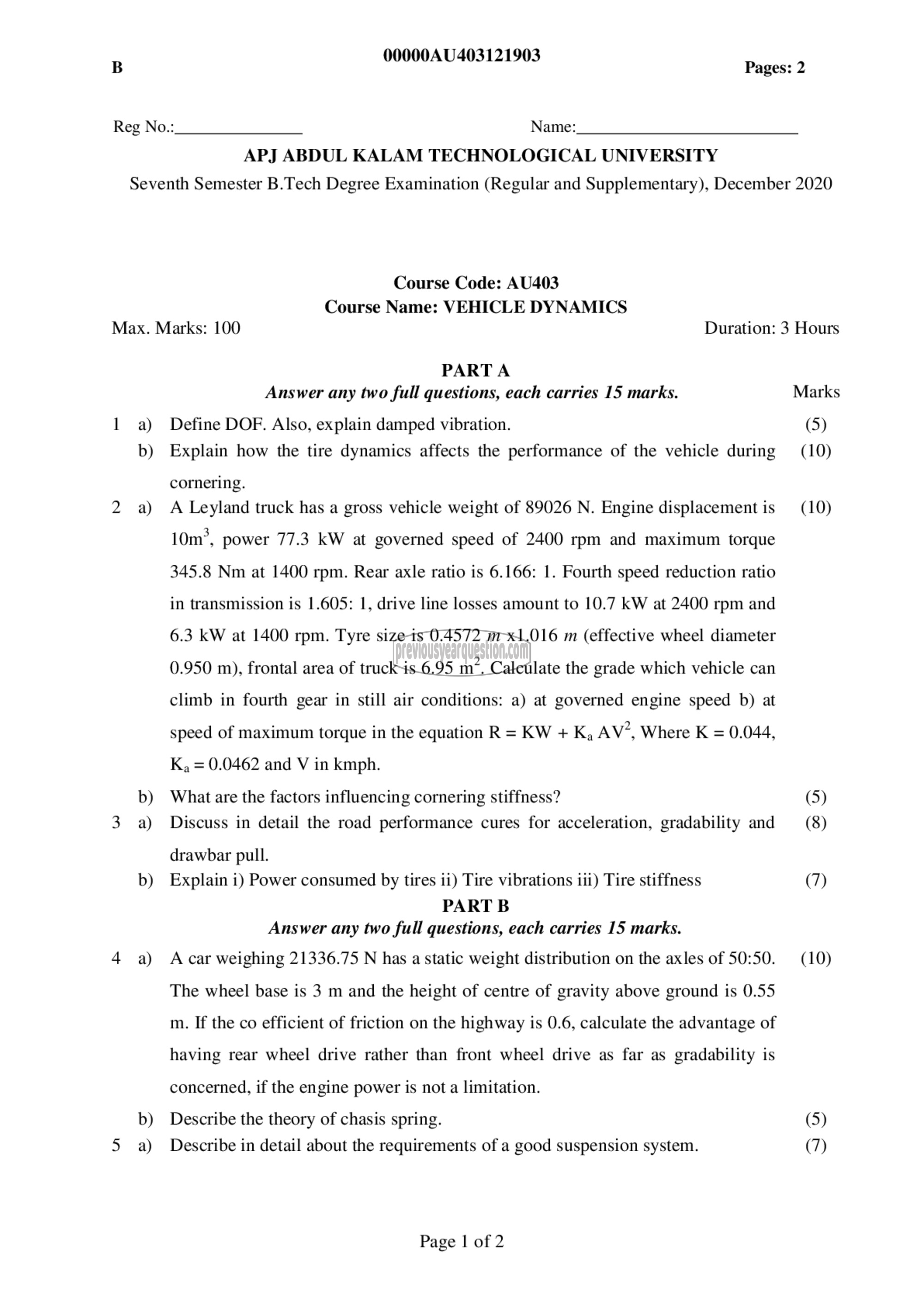 Question Paper - Vehicle Dynamics-1