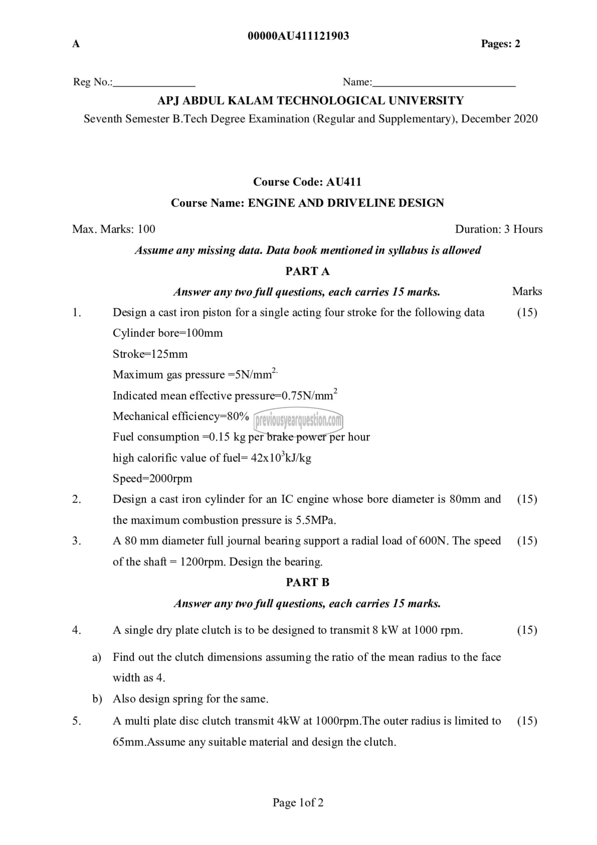 Question Paper - Engine and Drive Line Design-1