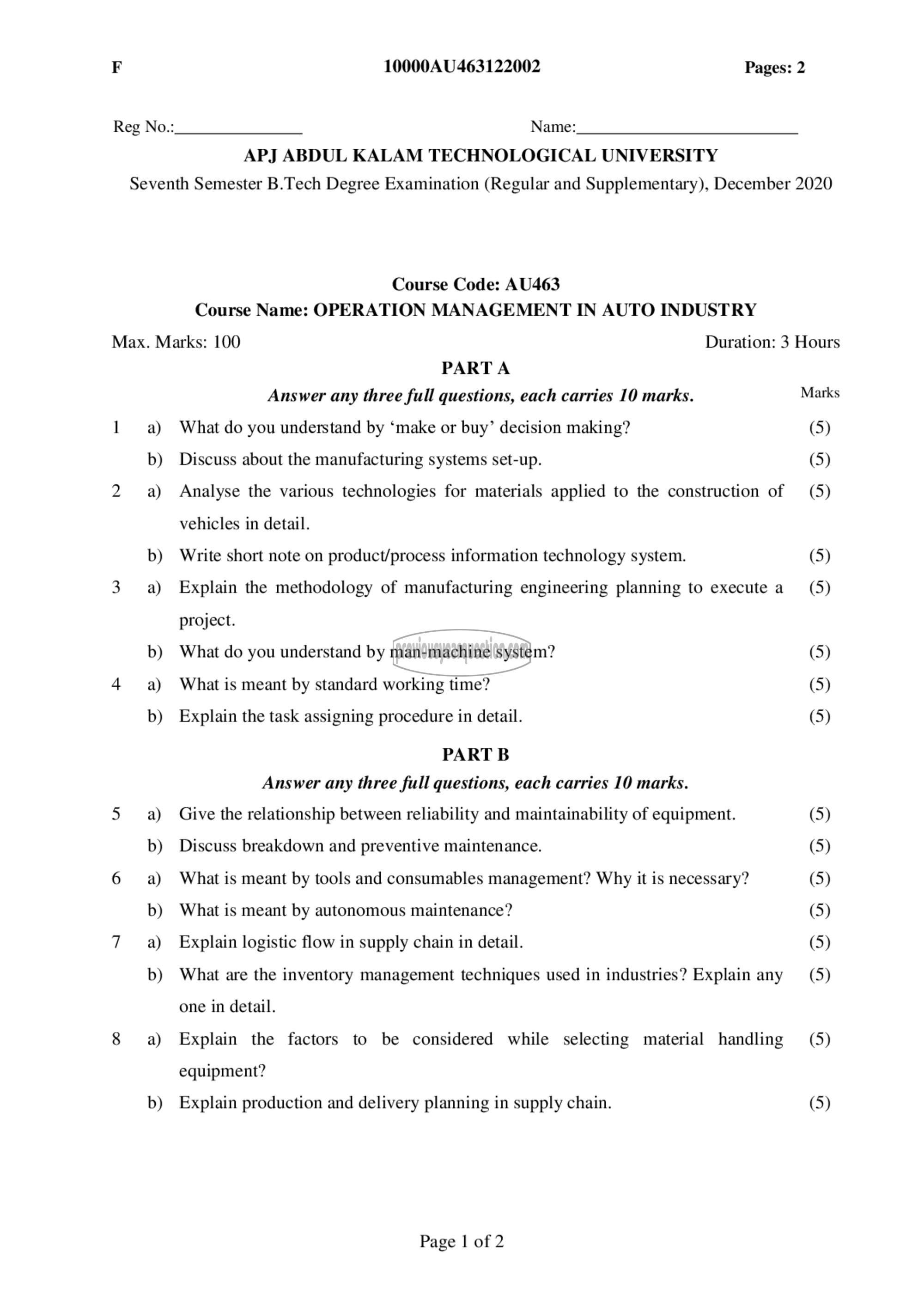 Question Paper - Operation Management in Auto Industry-1