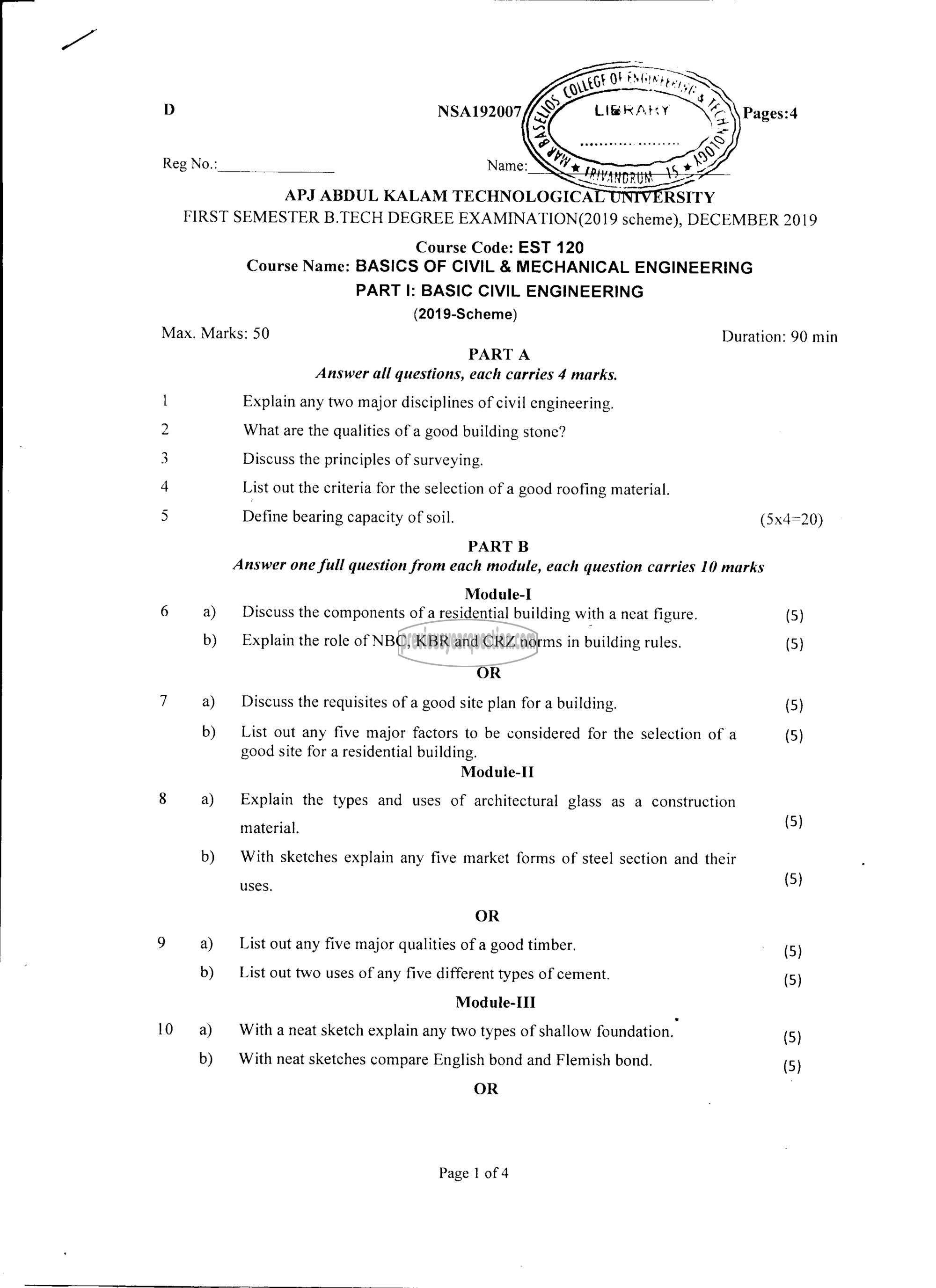 Question Paper - BASICS OF CIVIL & MECHANICAL ENGINEERING-1