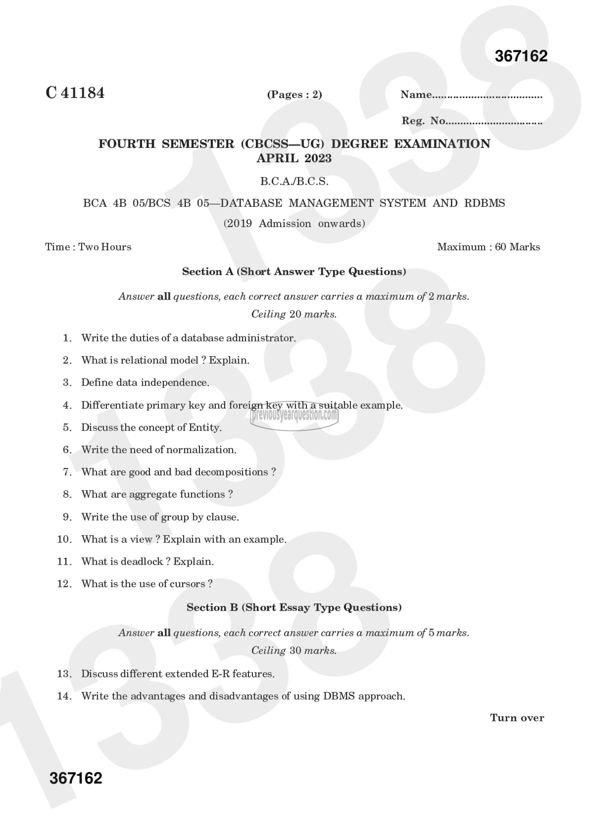 Question Paper - Database Management System and RDBMS-1