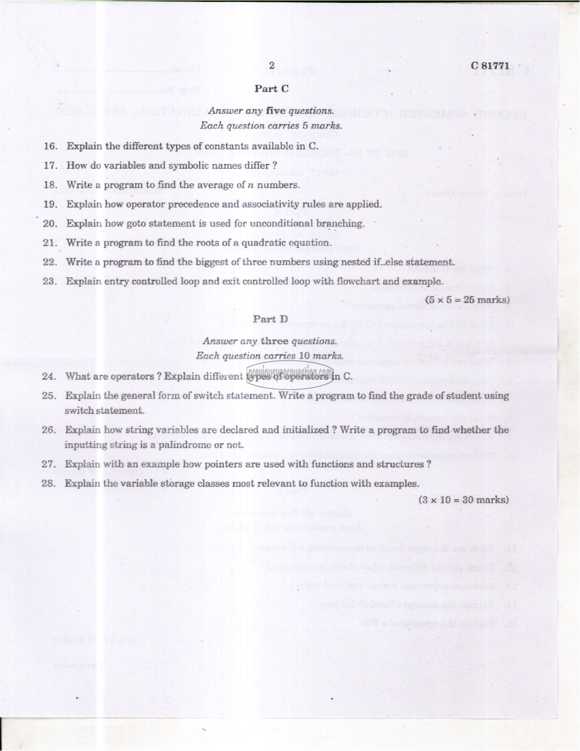 Question Paper - Problem Solving using C-2