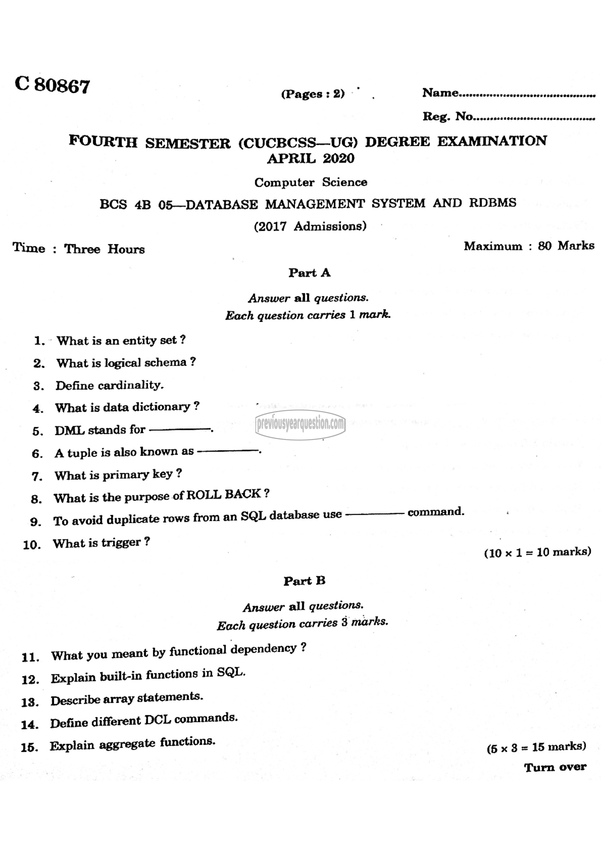 Question Paper - Database Management System and RDBMS-1