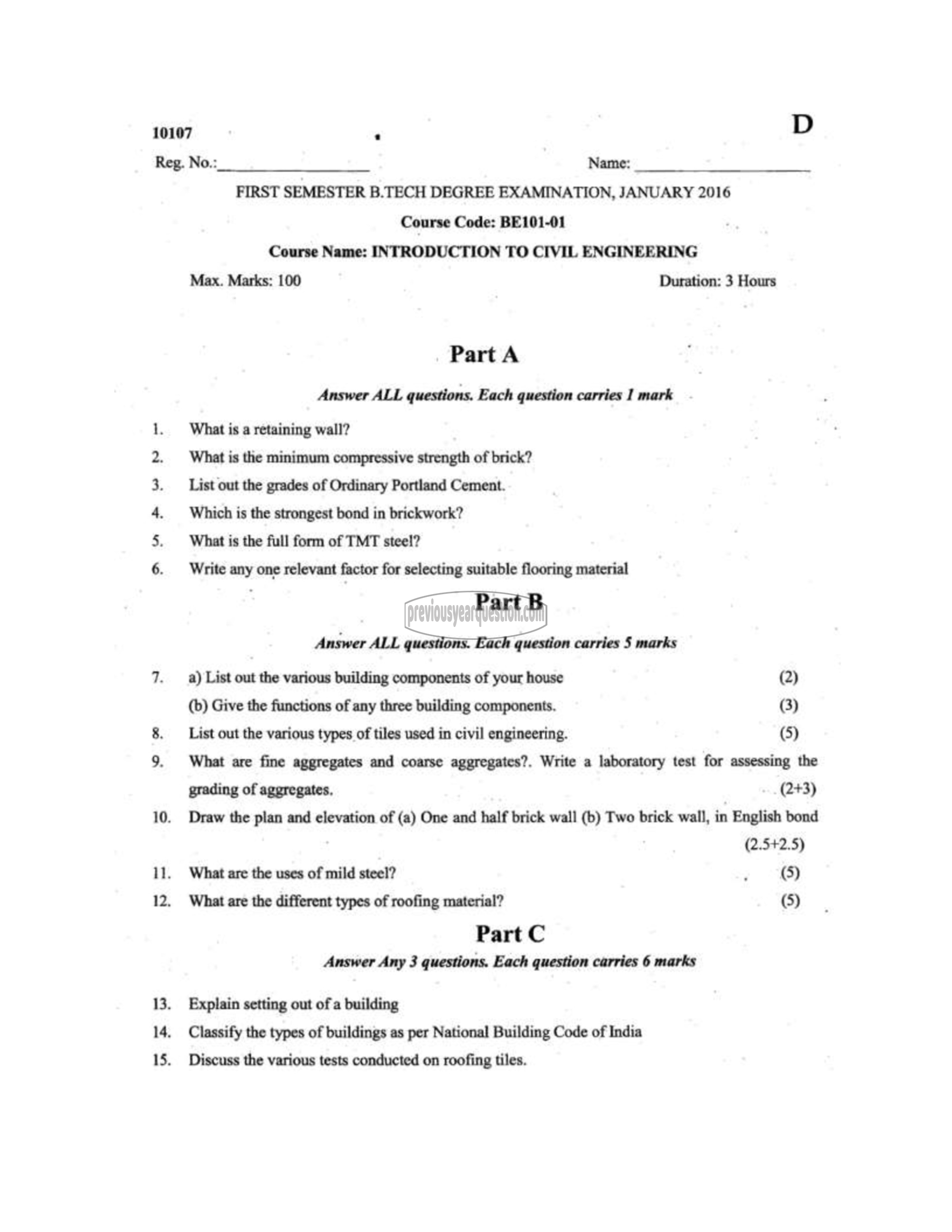 Question Paper - INTRODUCTION TO CIVIL ENGINEERING-1