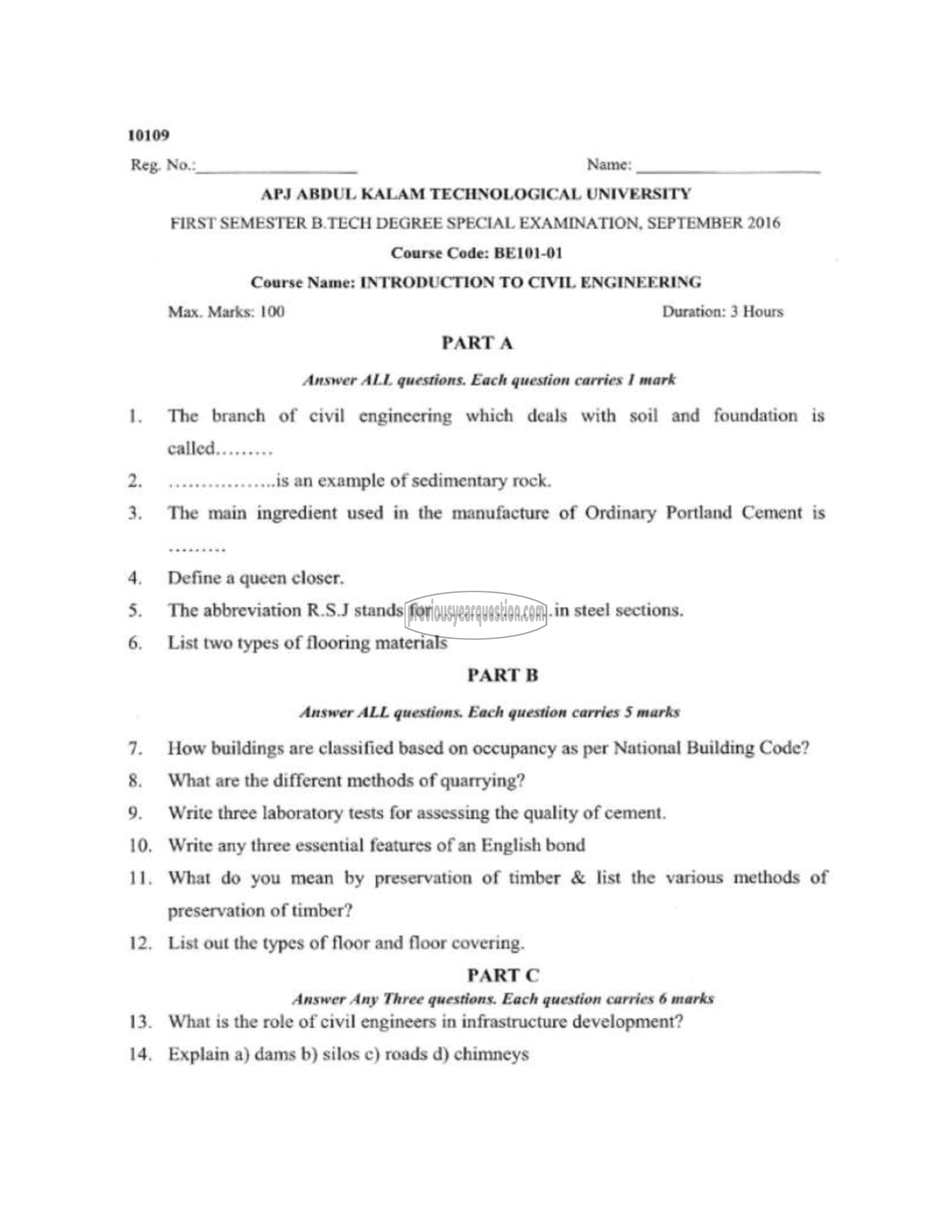 Question Paper - INTRODUCTION TO CIVIL ENGINEERING-1