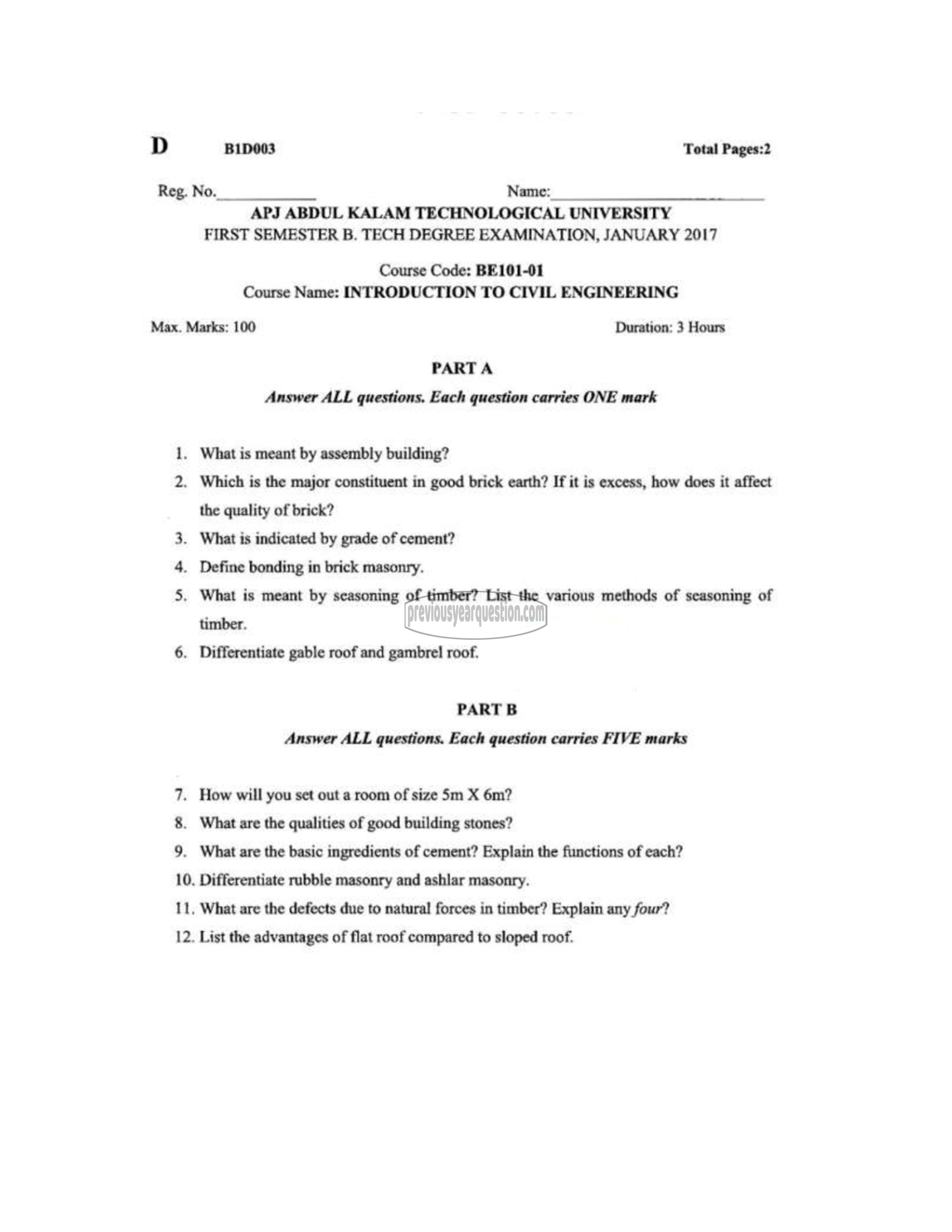 Question Paper - INTRODUCTION TO CIVIL ENGINEERING-1