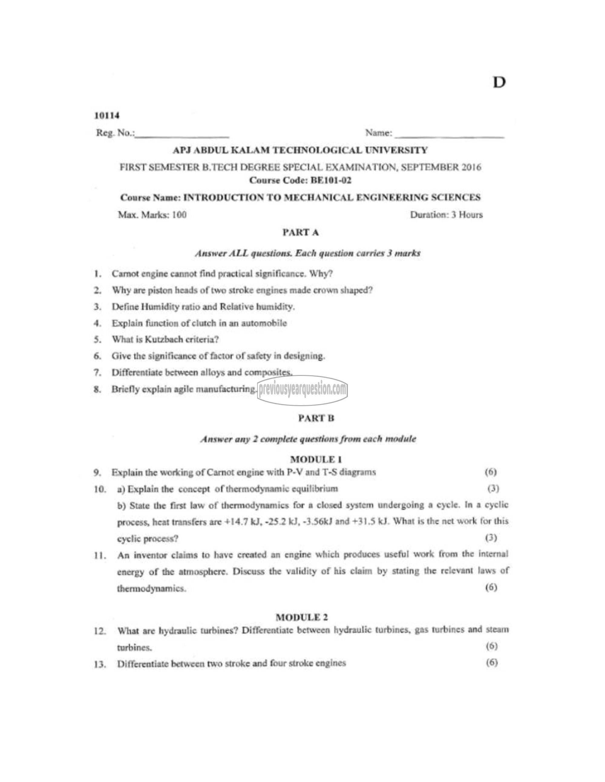 Question Paper - INTRODUCTION TO MECHANICAL ENGINEERING SCIENCES-1