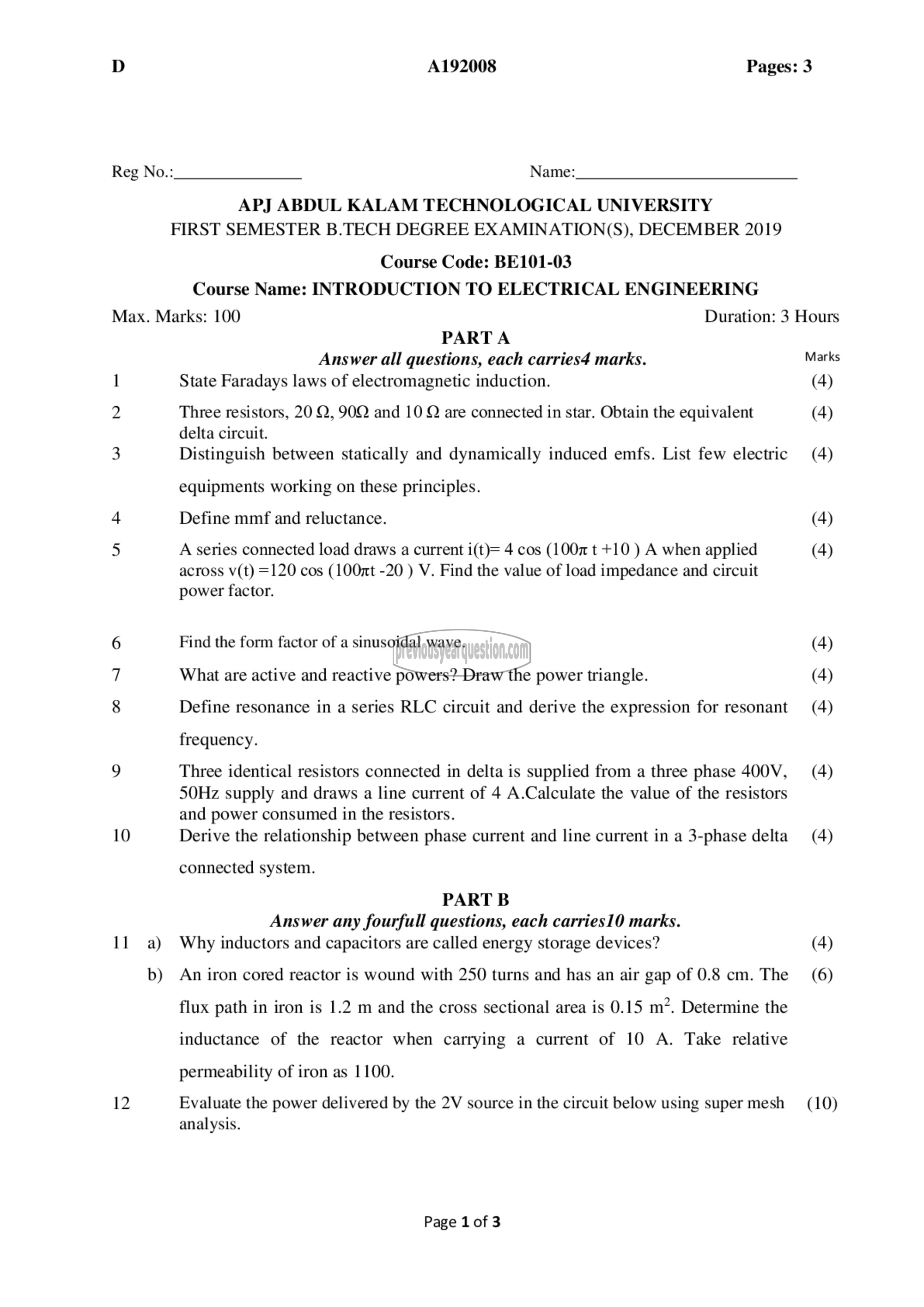 Question Paper - INTRODUCTION TO ELECTRICAL ENGINEERING-1