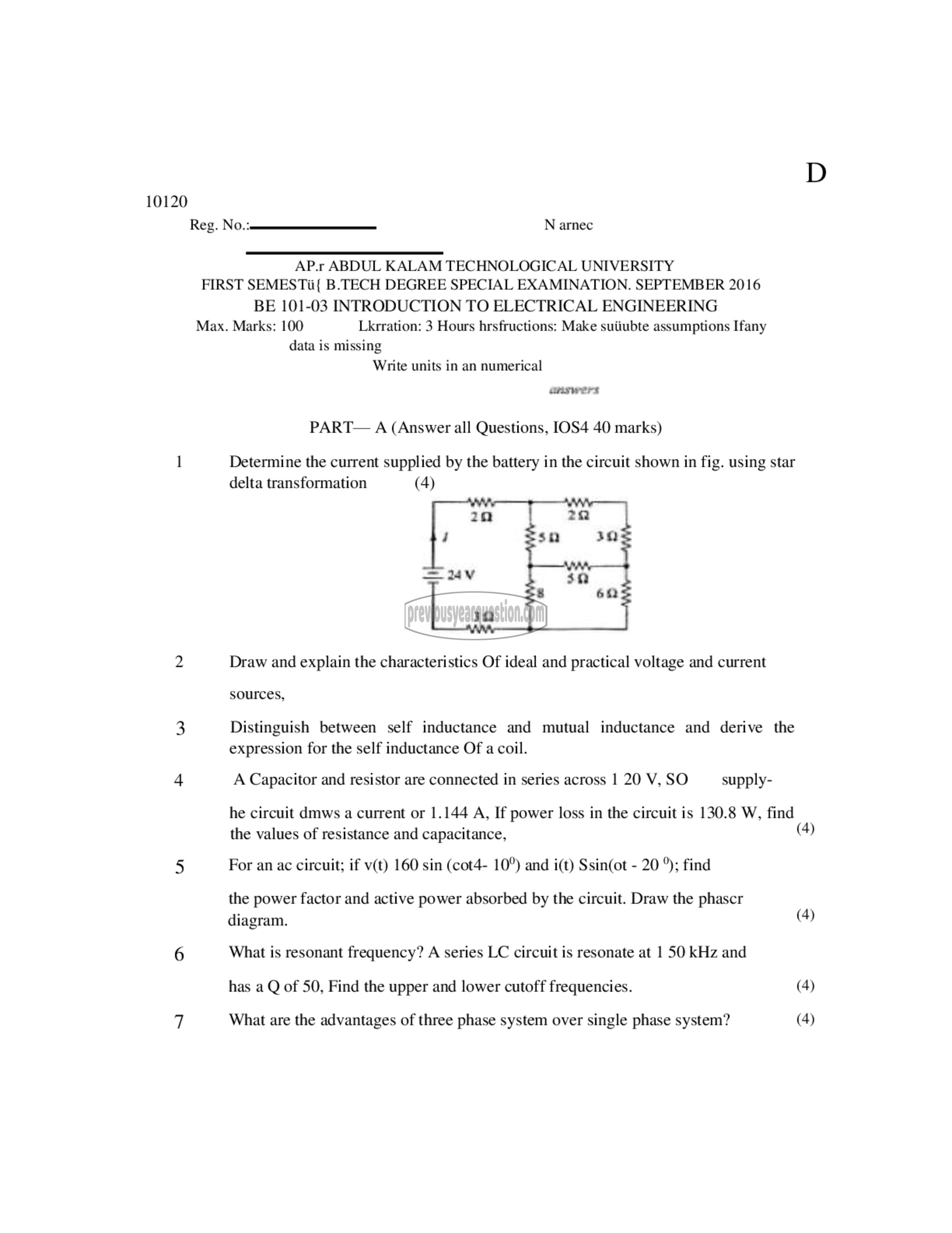 Question Paper - INTRODUCTION TO ELECTRICAL ENGINEERING-1