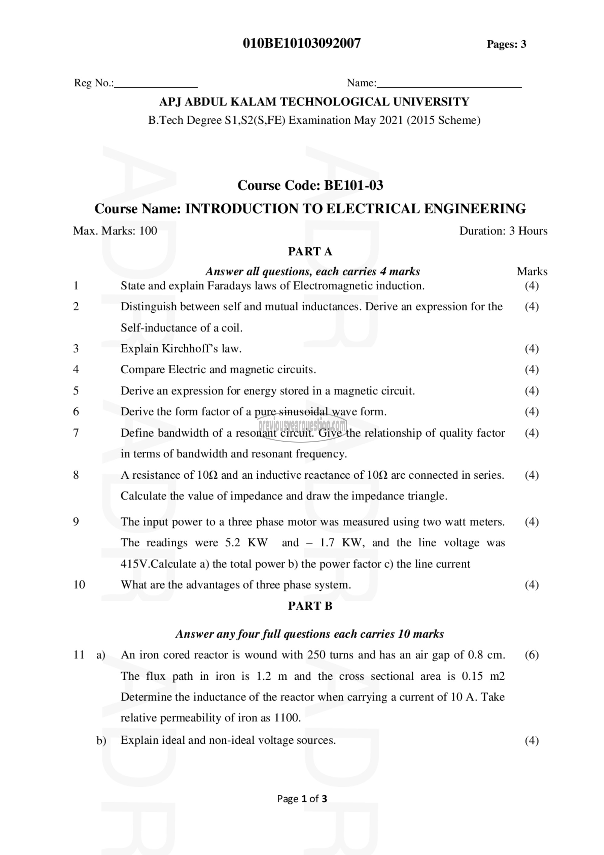 Question Paper - INTRODUCTION TO ELECTRICAL ENGINEERING-1