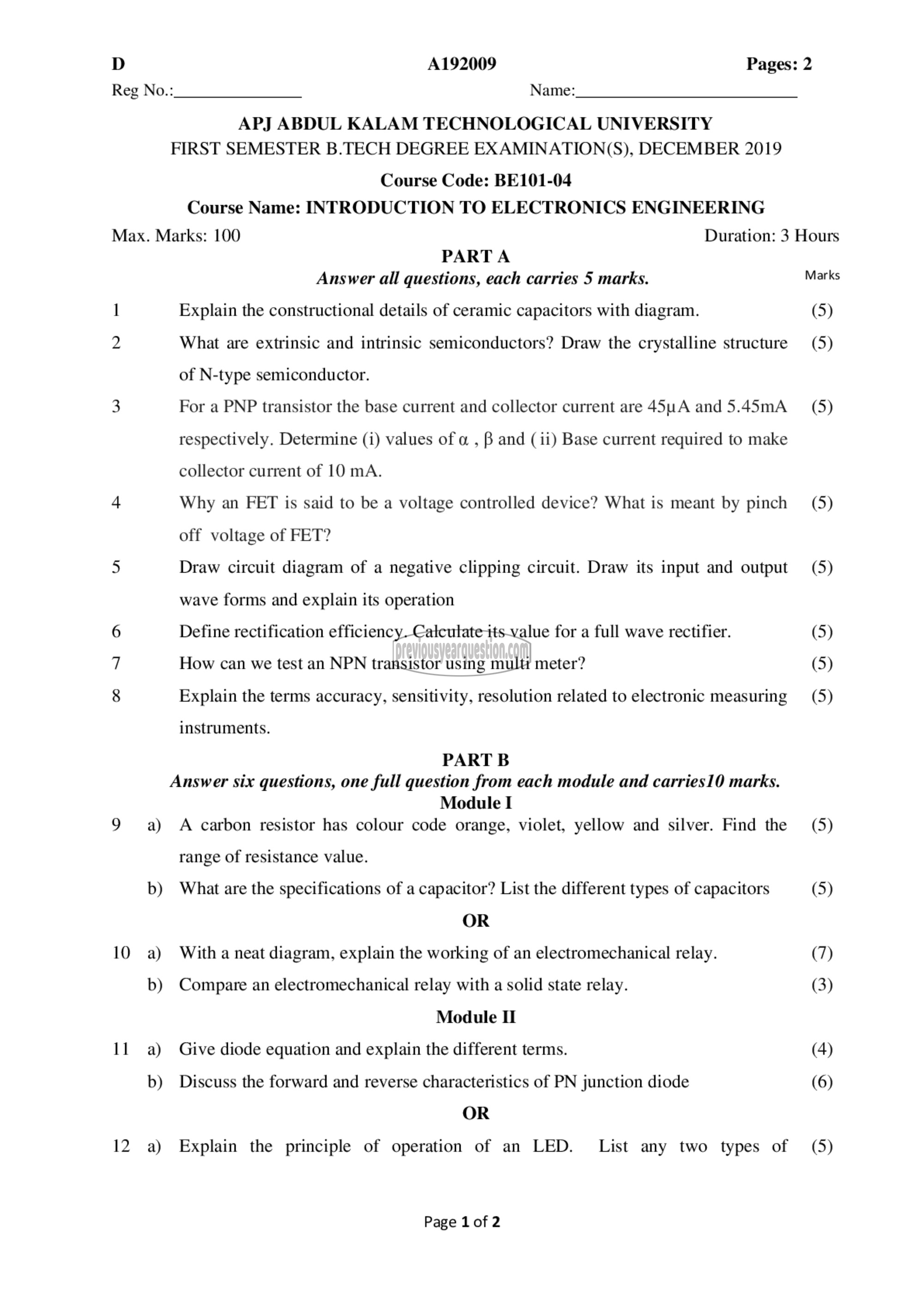 Question Paper - INTRODUCTION TO ELECTRONICS ENGINEERING-1