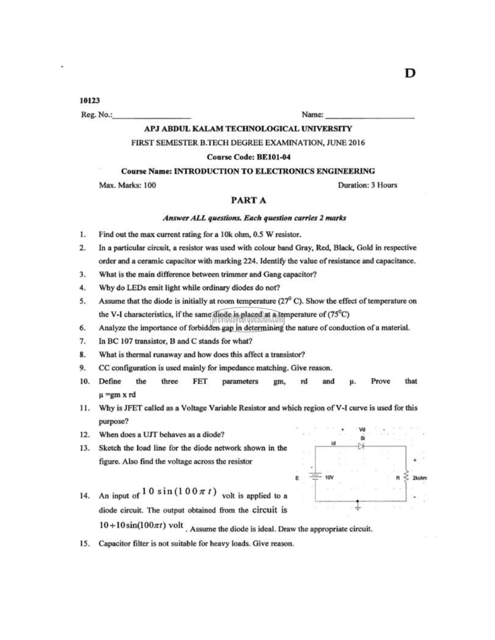 Question Paper - INTRODUCTION TO ELECTRONICS ENGINEERING-1