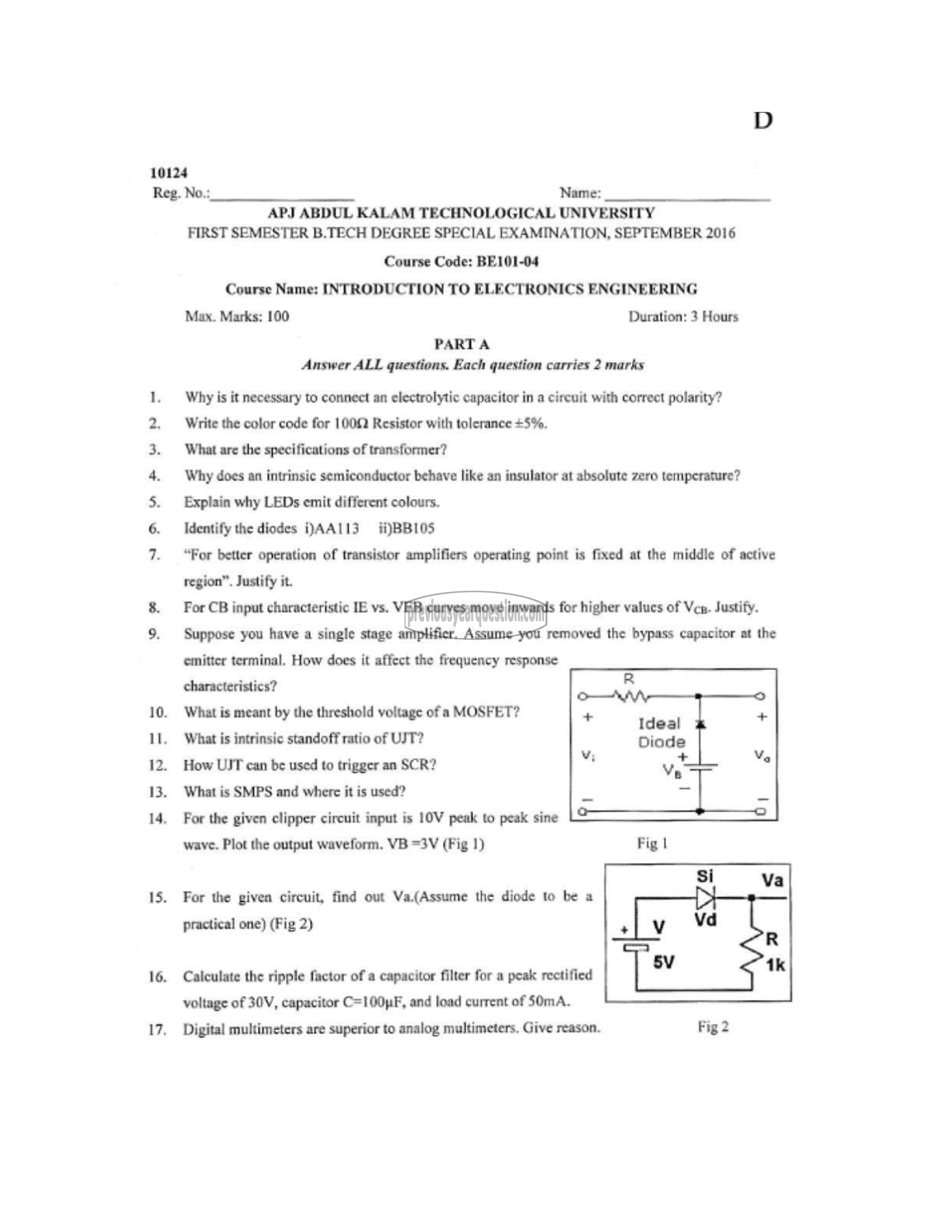 Question Paper - INTRODUCTION TO ELECTRONICS ENGINEERING-1