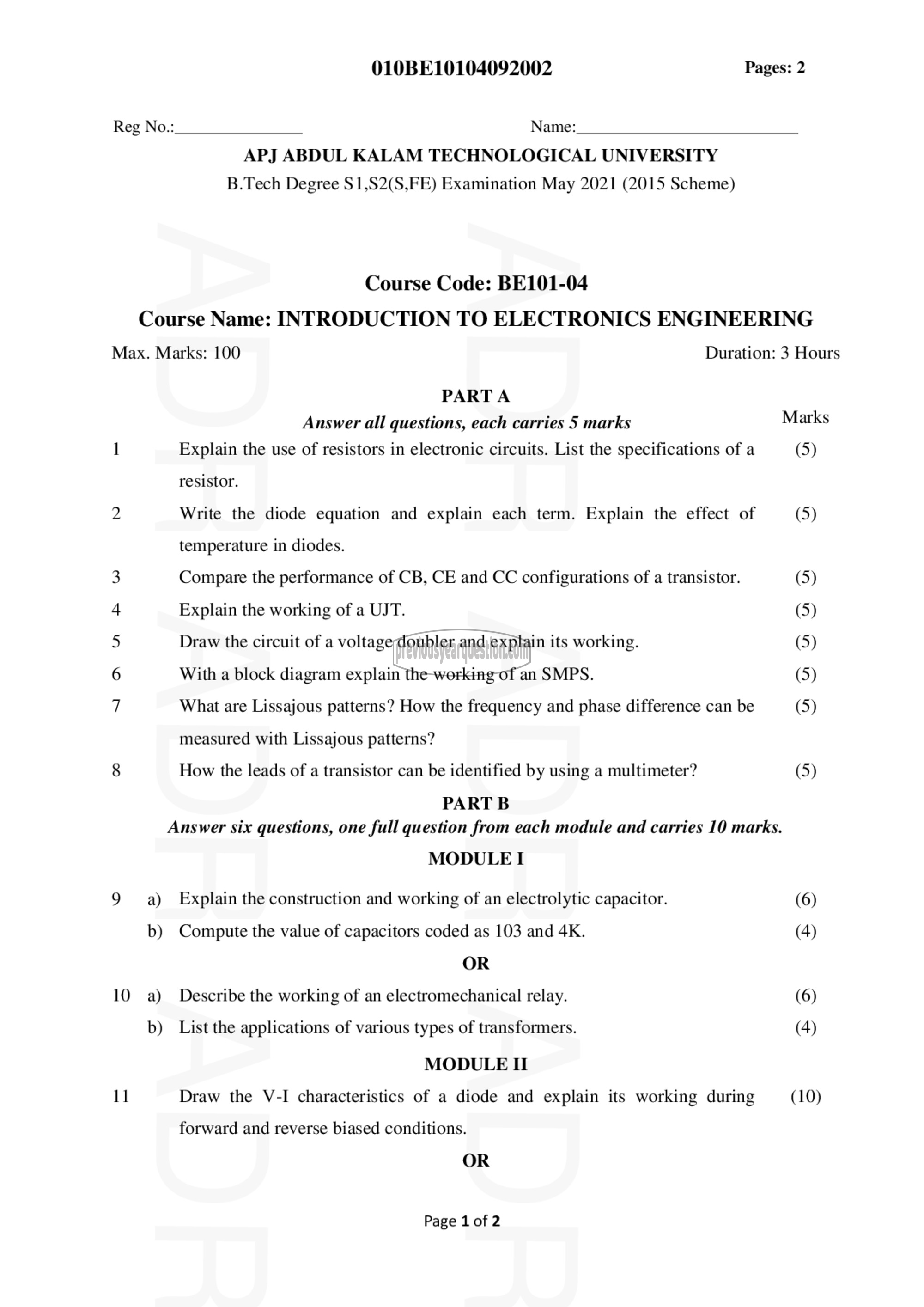 Question Paper - INTRODUCTION TO ELECTRONICS ENGINEERING-1