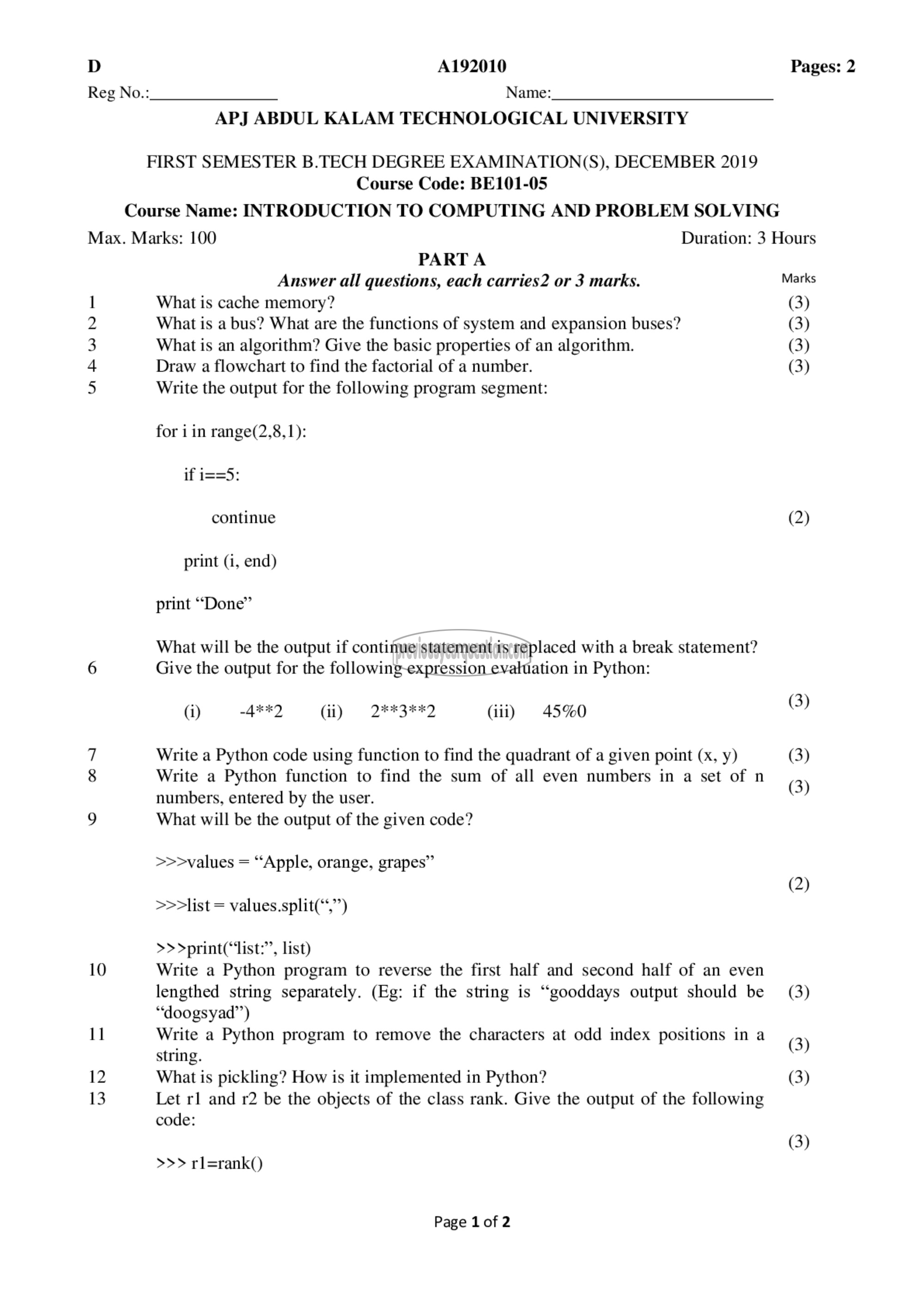 Question Paper - INTRODUCTION TO COMPUTING AND PROBLEM SOLVING-1