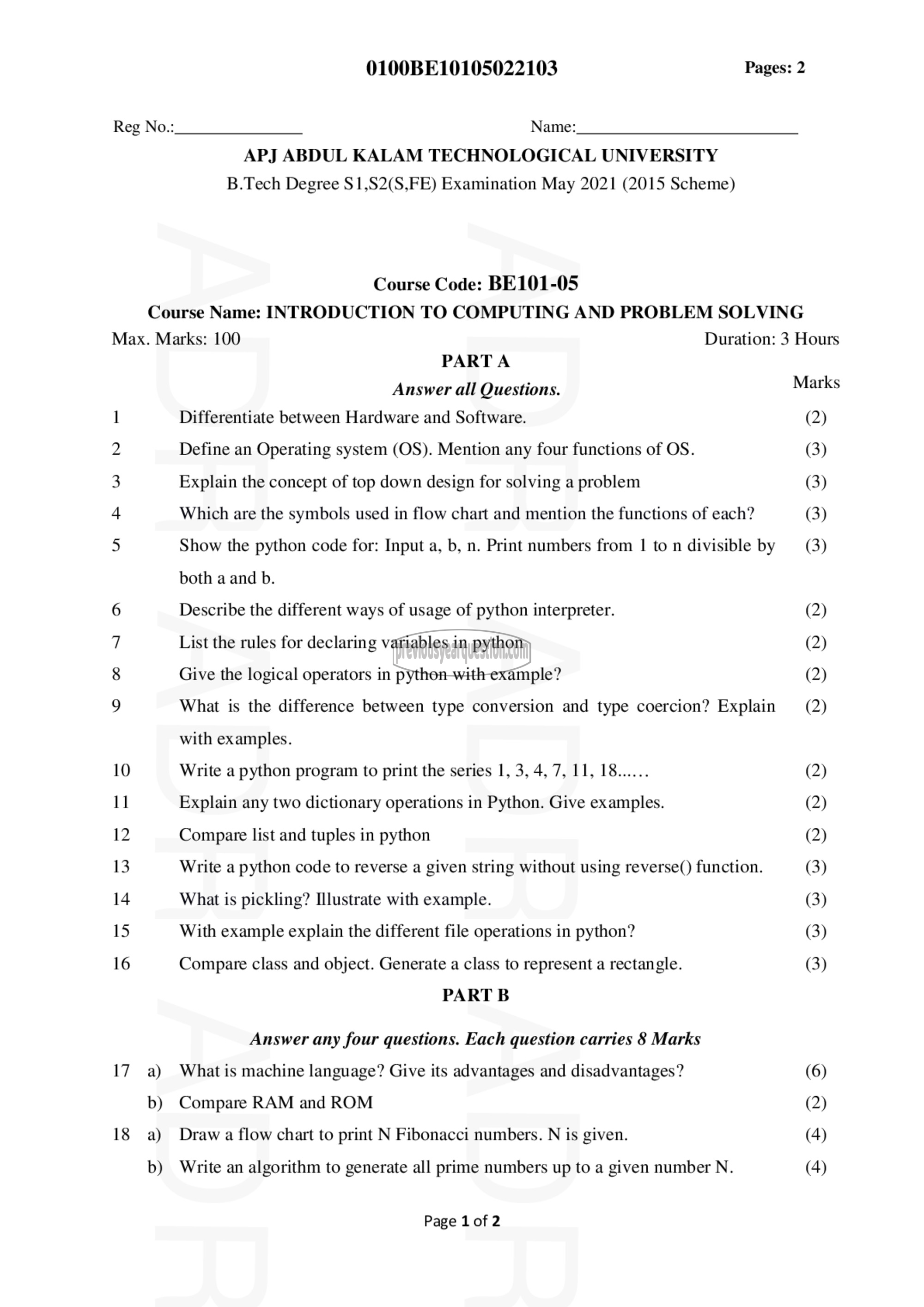 Question Paper - INTRODUCTION TO COMPUTING AND PROBLEM SOLVING-1