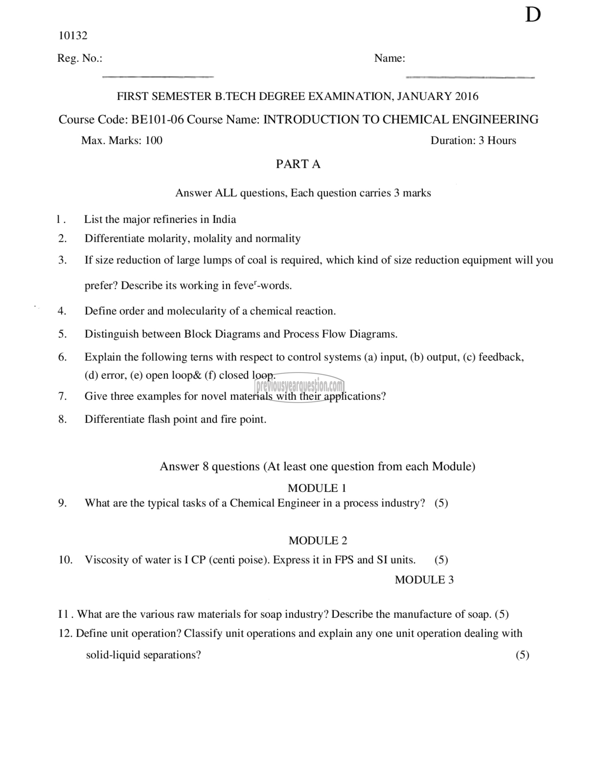 Question Paper - INTRODUCTION TO CHEMICAL ENGINEERING-1